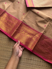 RF1194 Beige with pink Kanchi cotton saree with handmade thread buttas