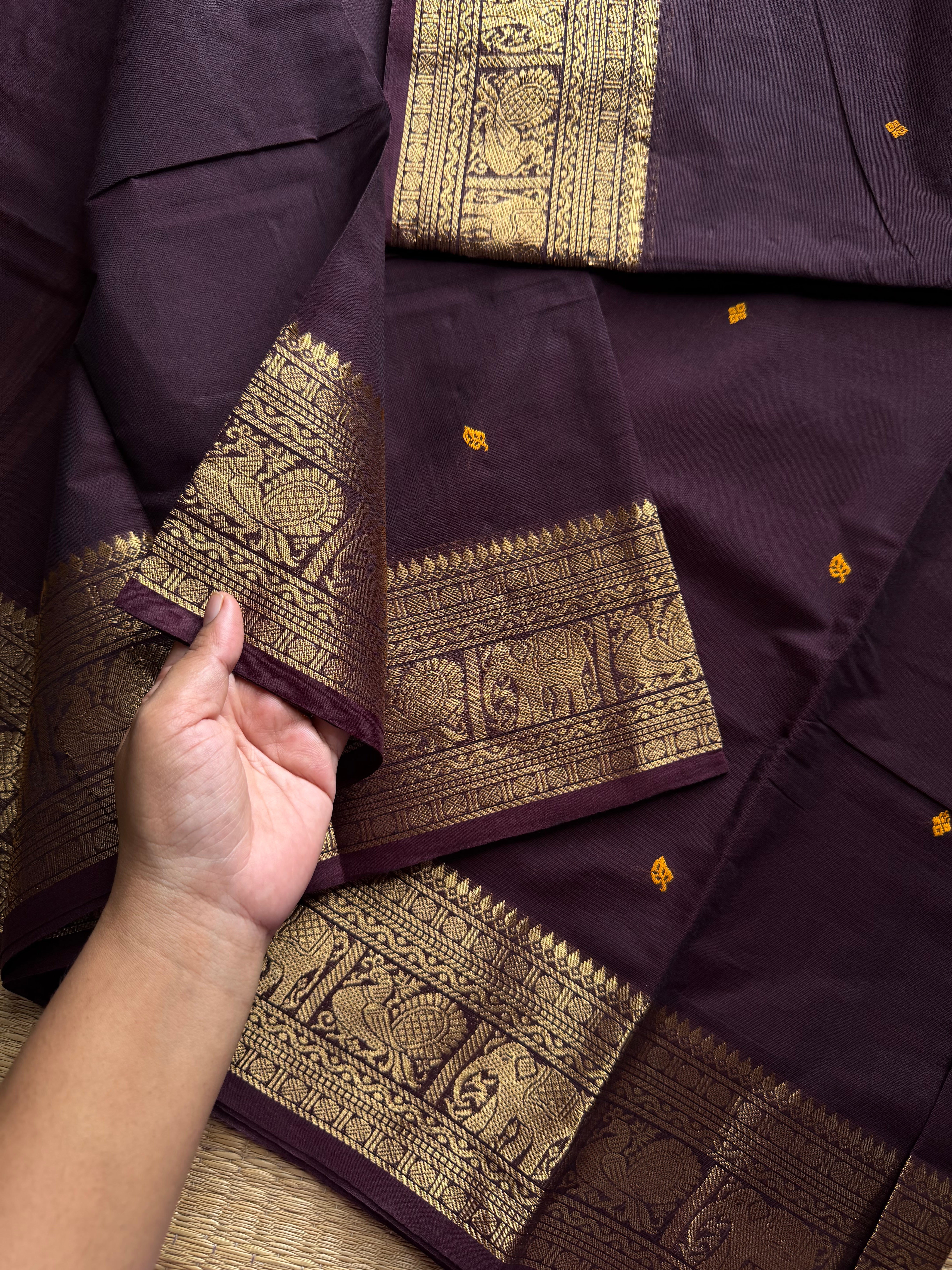 RF1247 Deep coffee brown Kanchi cotton saree with handmade thread buttas ~ Silk Saree Inspired