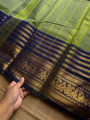 RF1037 Dual tone apple green with blue combination ~ Silk Saree Inspired Varisaipet big / long border Kanchi cotton saree