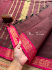 RF71 Dual tone maroon / Arakku shade with pink contrast small Zari border Kanchi cotton saree