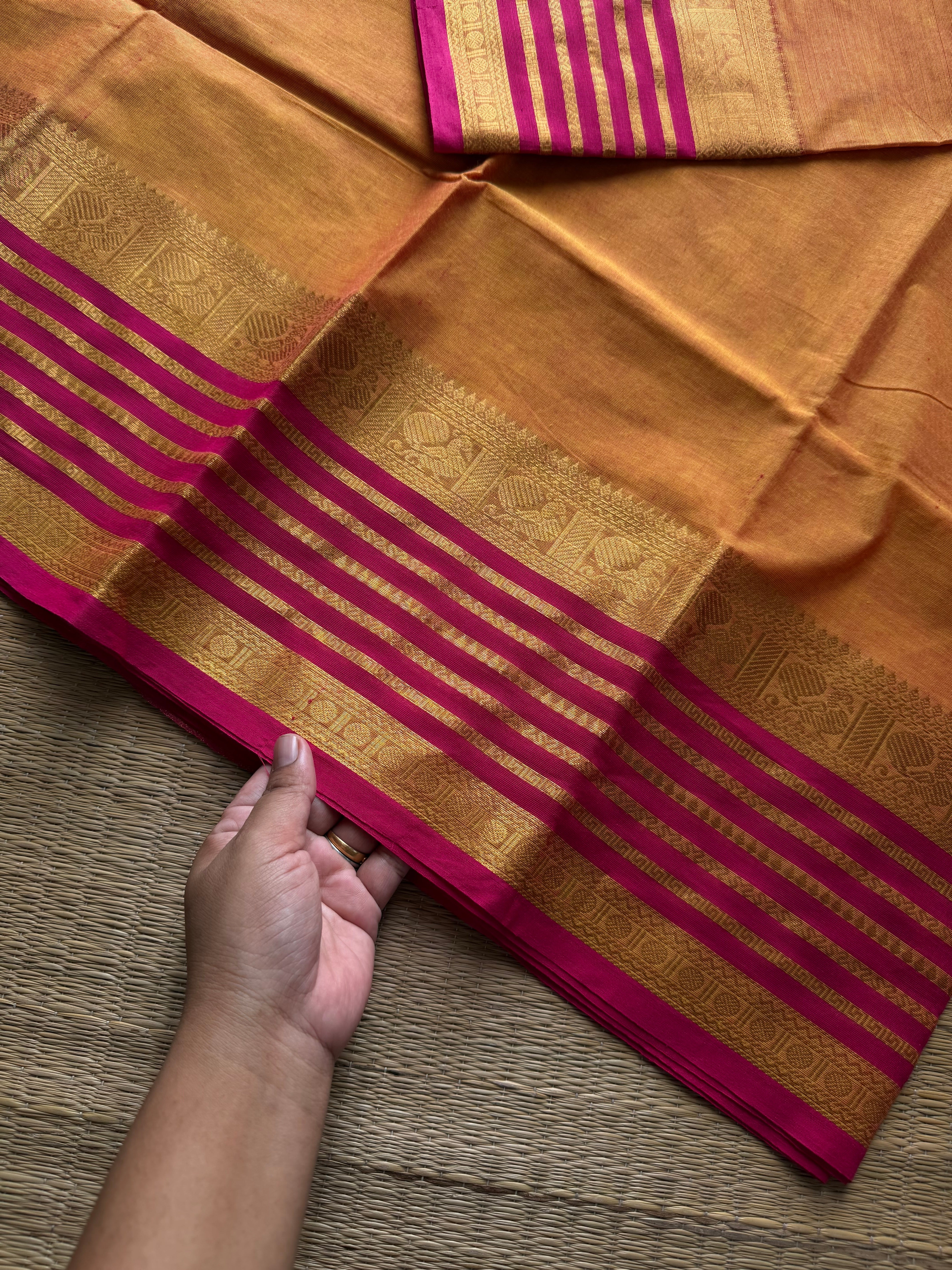 RF1075 Mango shade with pink combination Kanchi cotton saree