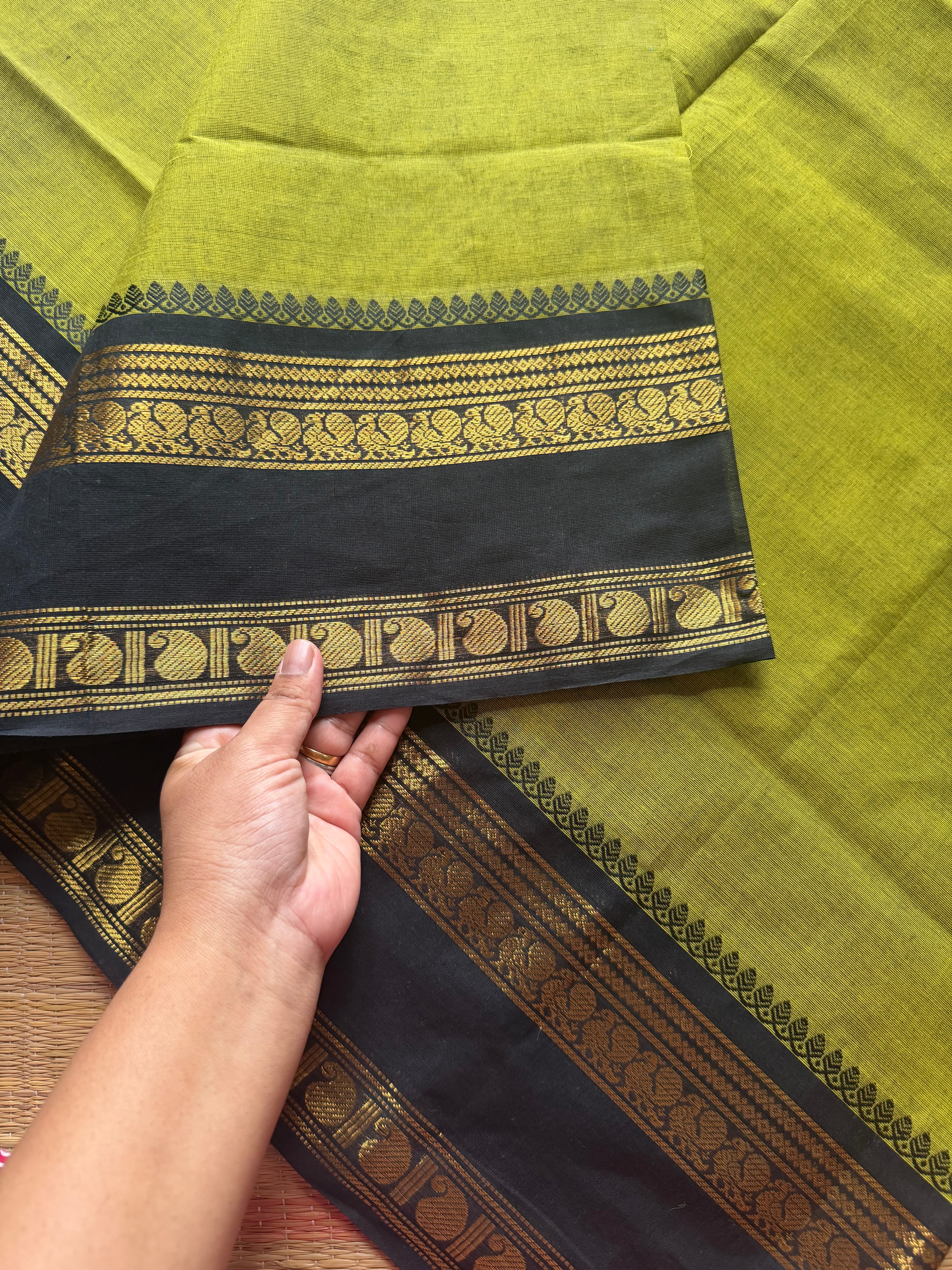 RF512 Green with black combination Kanchi cotton saree With Annam & mango Pattern Gap Border