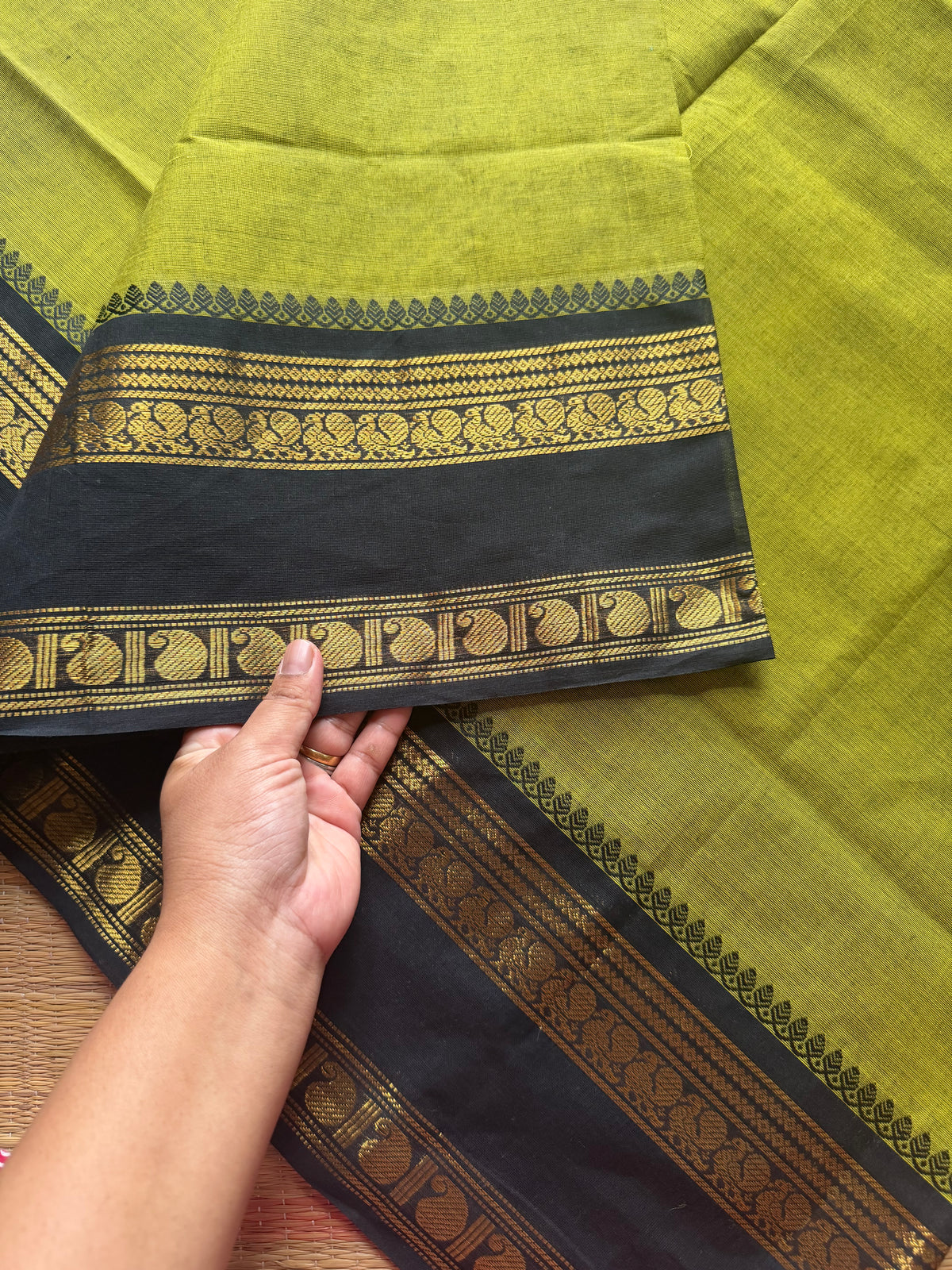 RF512 Green with black combination Kanchi cotton saree With Annam & mango Pattern Gap Border
