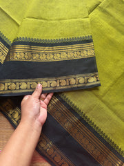RF512 Green with black combination Kanchi cotton saree With Annam & mango Pattern Gap Border