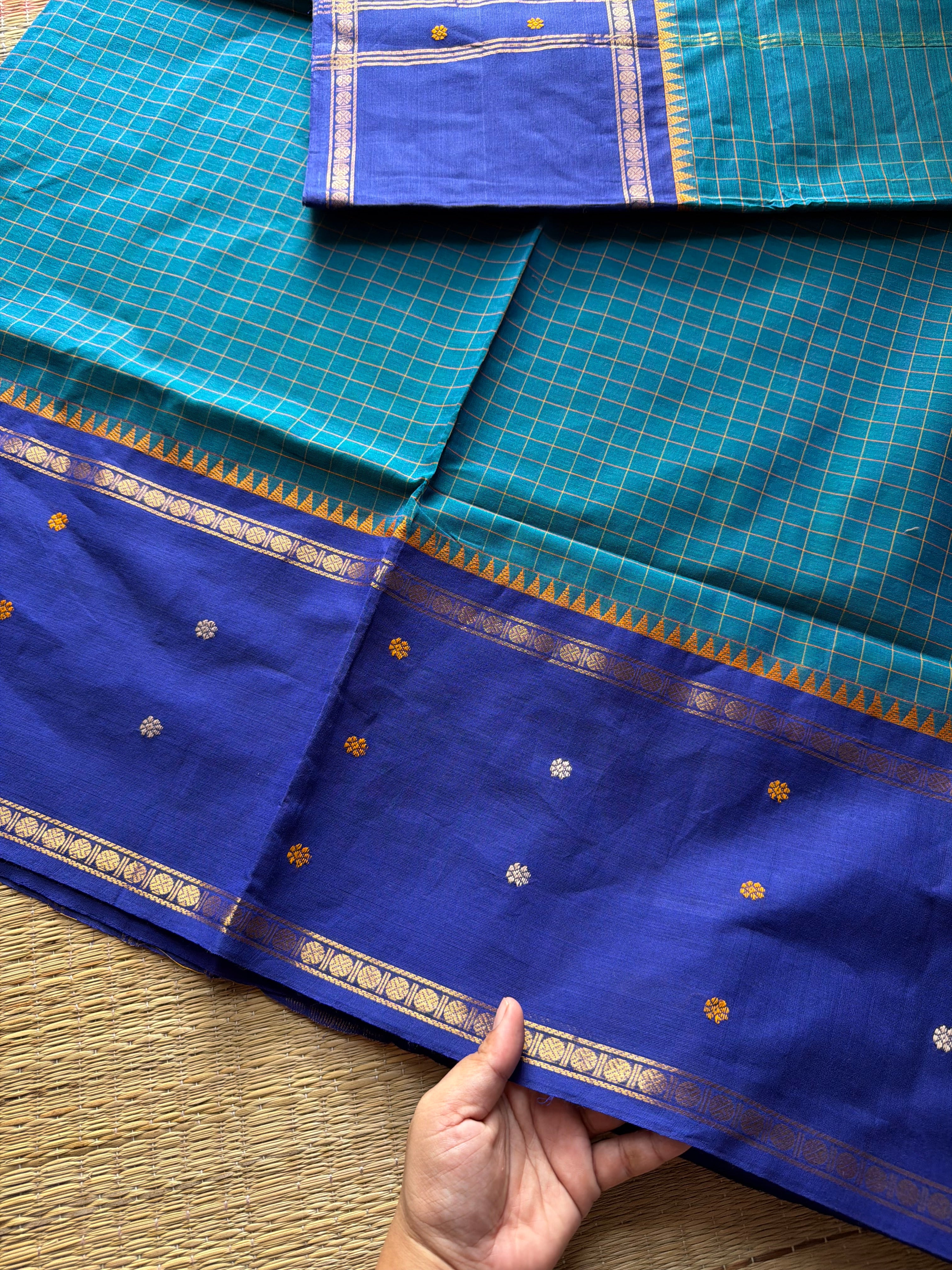 Peacock Blue shade kanchi cotton saree with Vintage Style Border kattam checks pattern & handwoven Buttas on the border