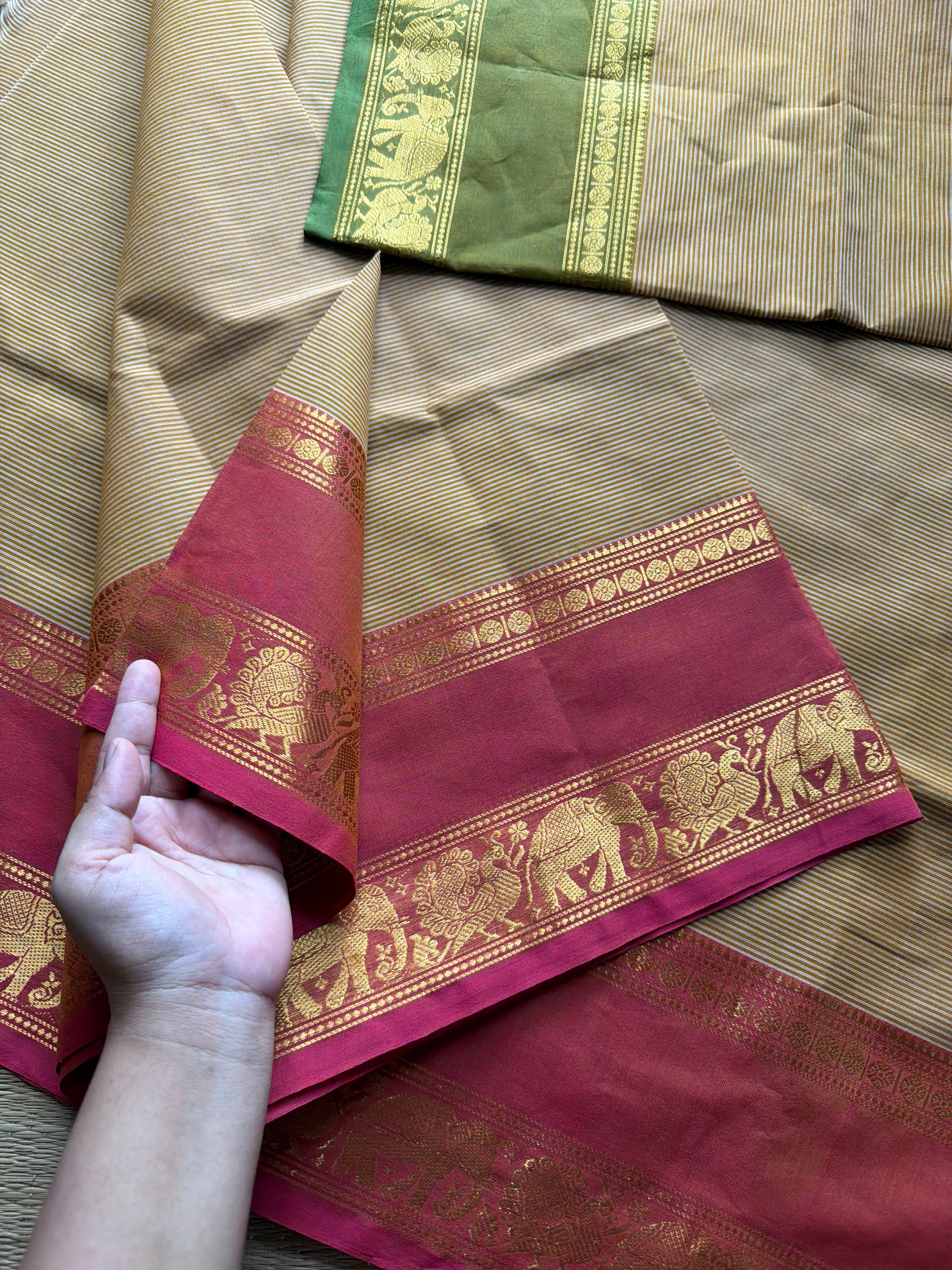 Beige shade Kanchi cotton saree with small horizontal stripped pattern with unique Ganga Jamuna border