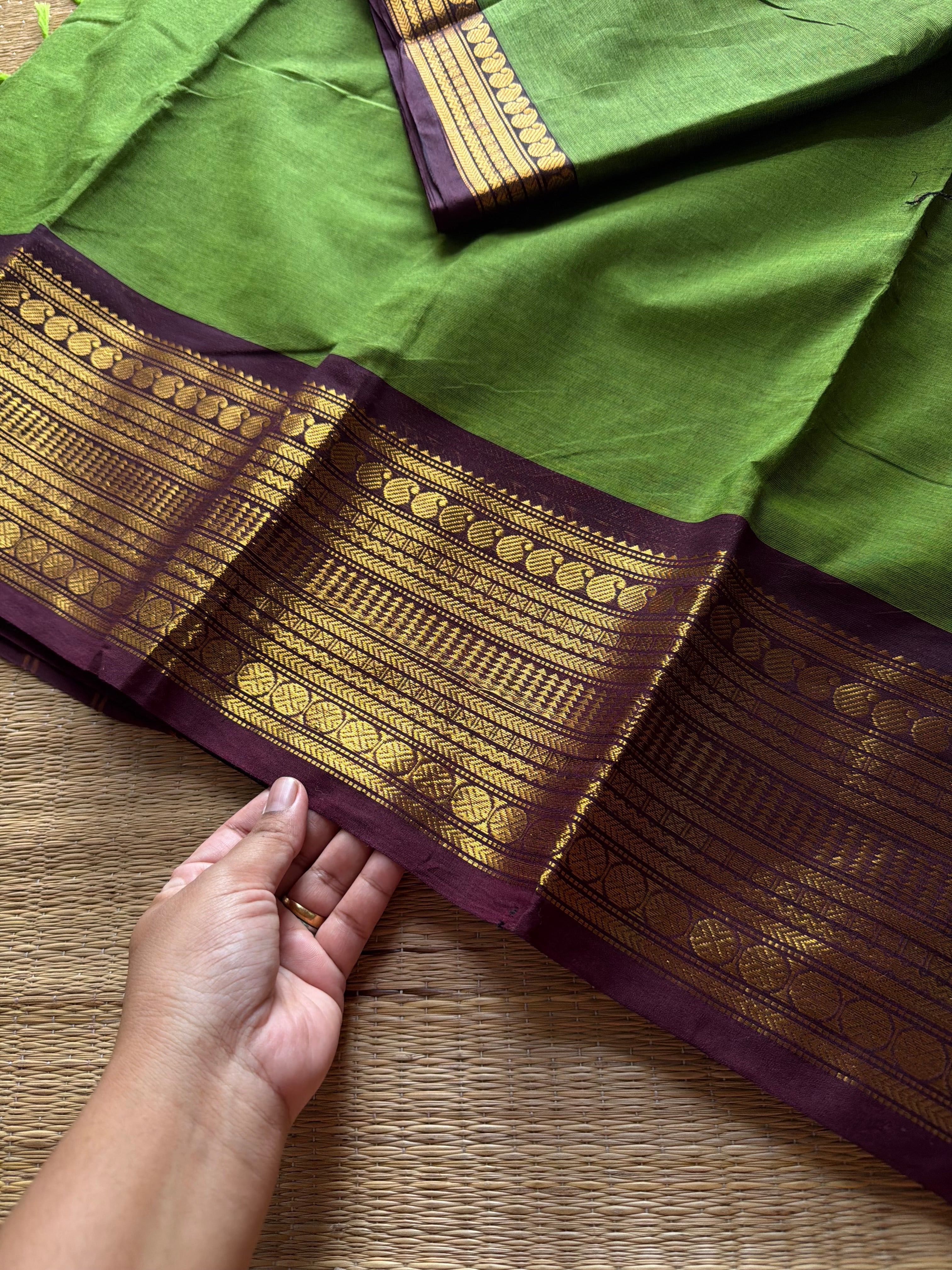 RF1360 Green with brown ~ Kanchi Cotton Saree