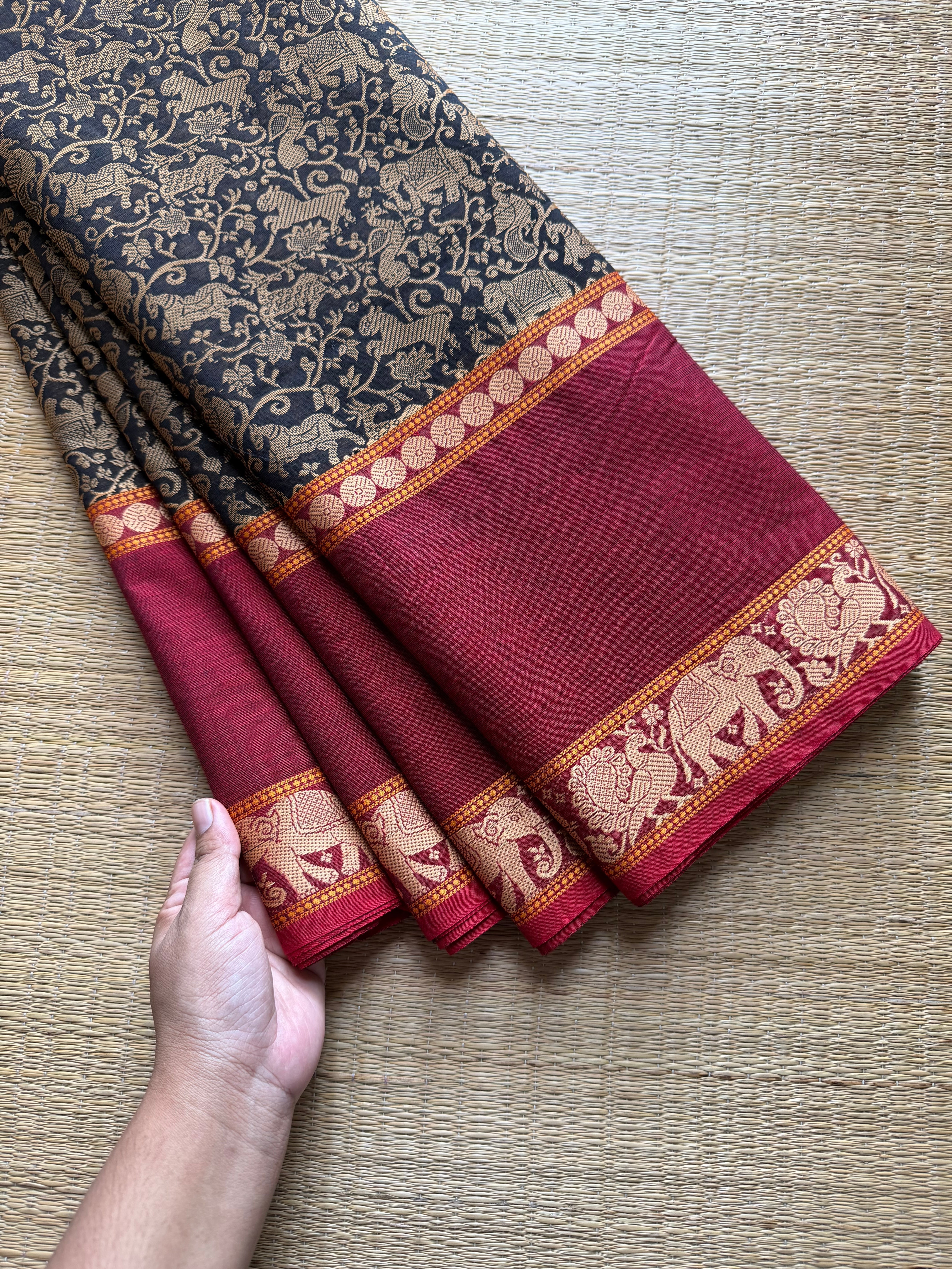 RF657 Premium & Exclusive Vanasingaram Kanchi Cotton saree ~ Black with Red