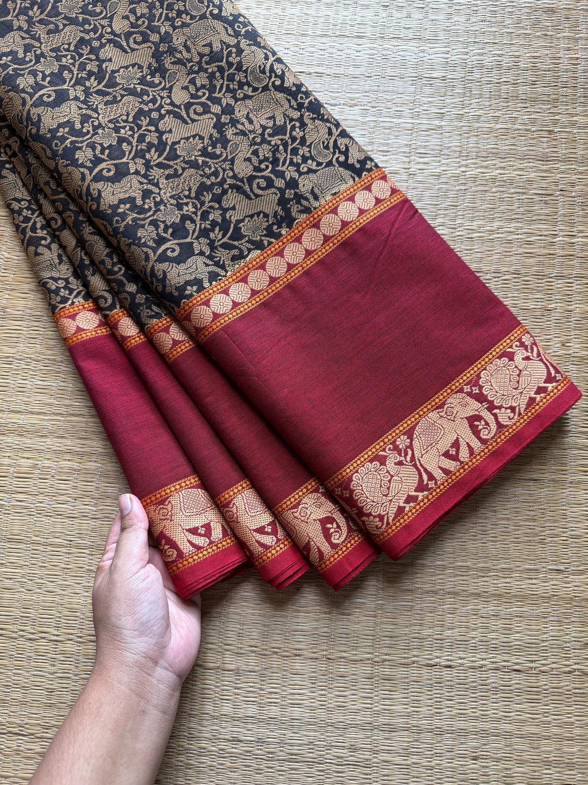 RF657 Premium & Exclusive Vanasingaram Kanchi Cotton saree ~ Black with Red