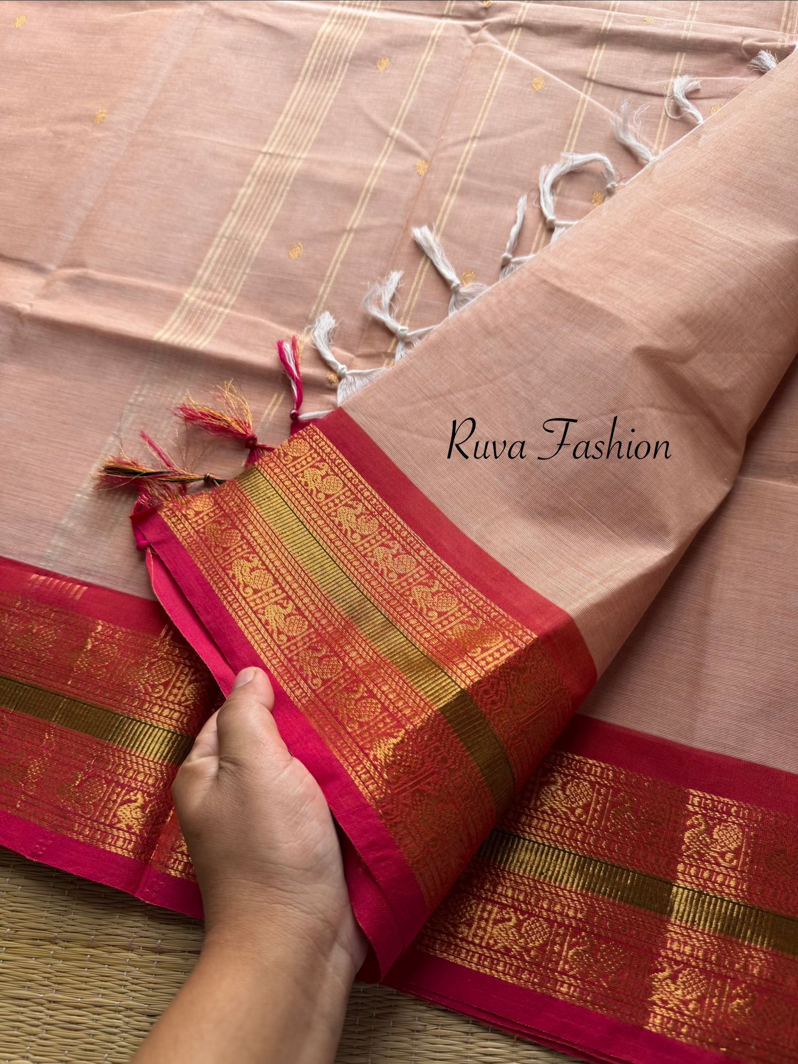 Pastel Pink Shade With Contrast pink Zari border Kanchi cotton saree with handmade golden Zari Buttas