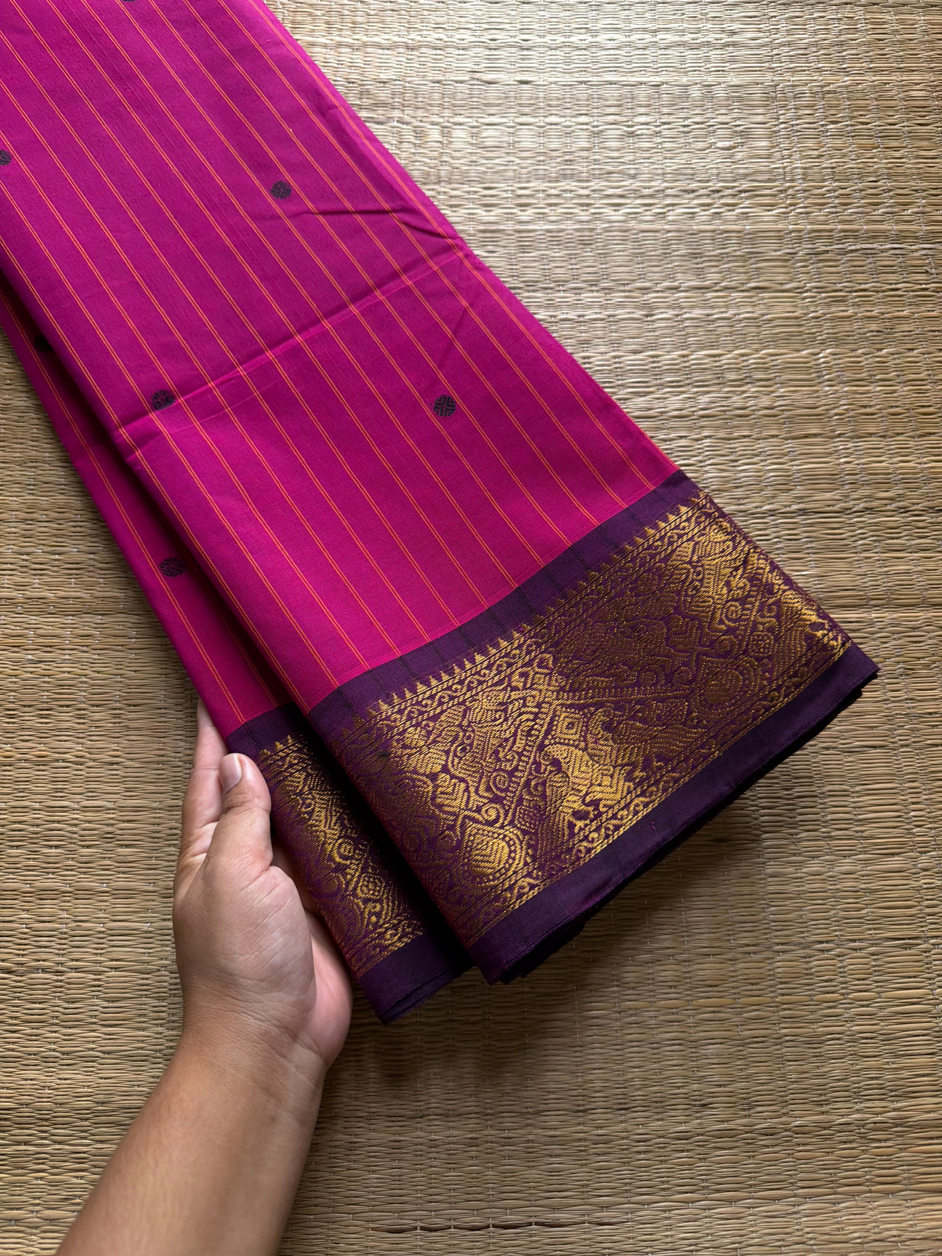 RF757 Vanasingaram Border ~ Magenta pink shade Kanchi cotton saree with handmade thread buttas
