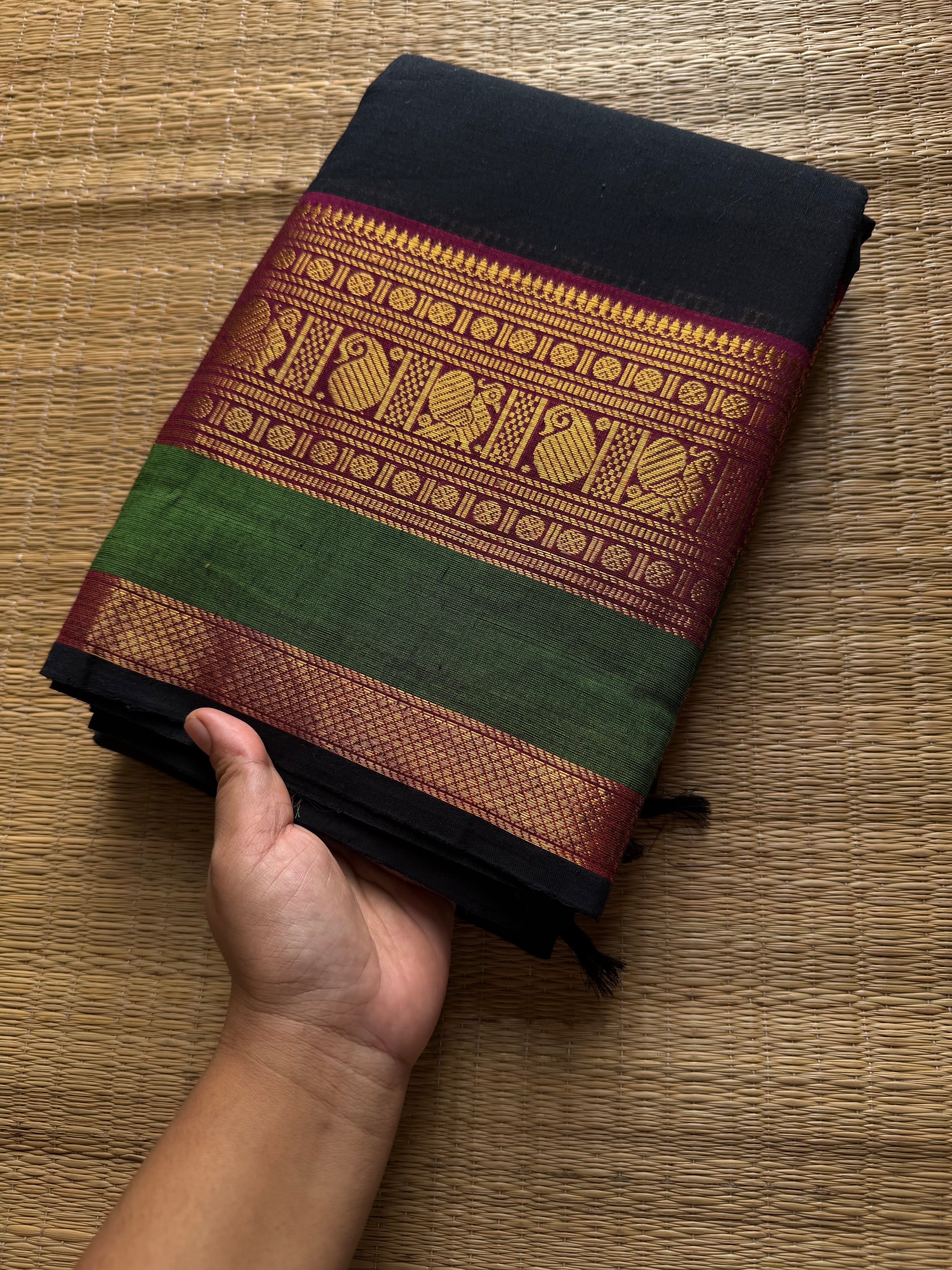 RF1254 Premium Rich Pallu Kanchi Cotton Saree ~Black shade with pink and green combination Annam & mango  pattern Zari woven border