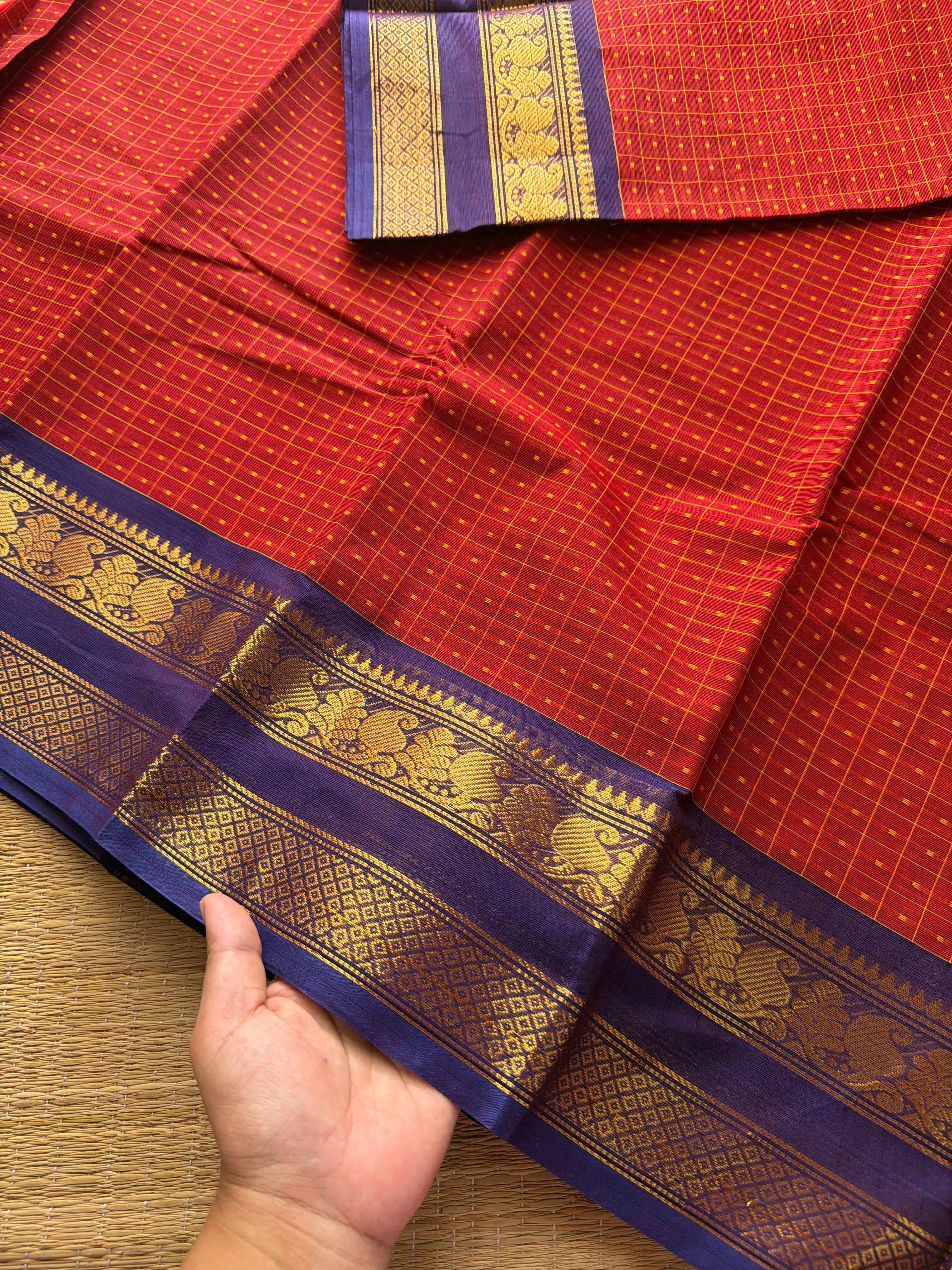 RF423 Rusty Red with deep royal blue combination Lakshadeepam / 1000 Buttas checks / Kattam pattern Kanchi cotton saree
