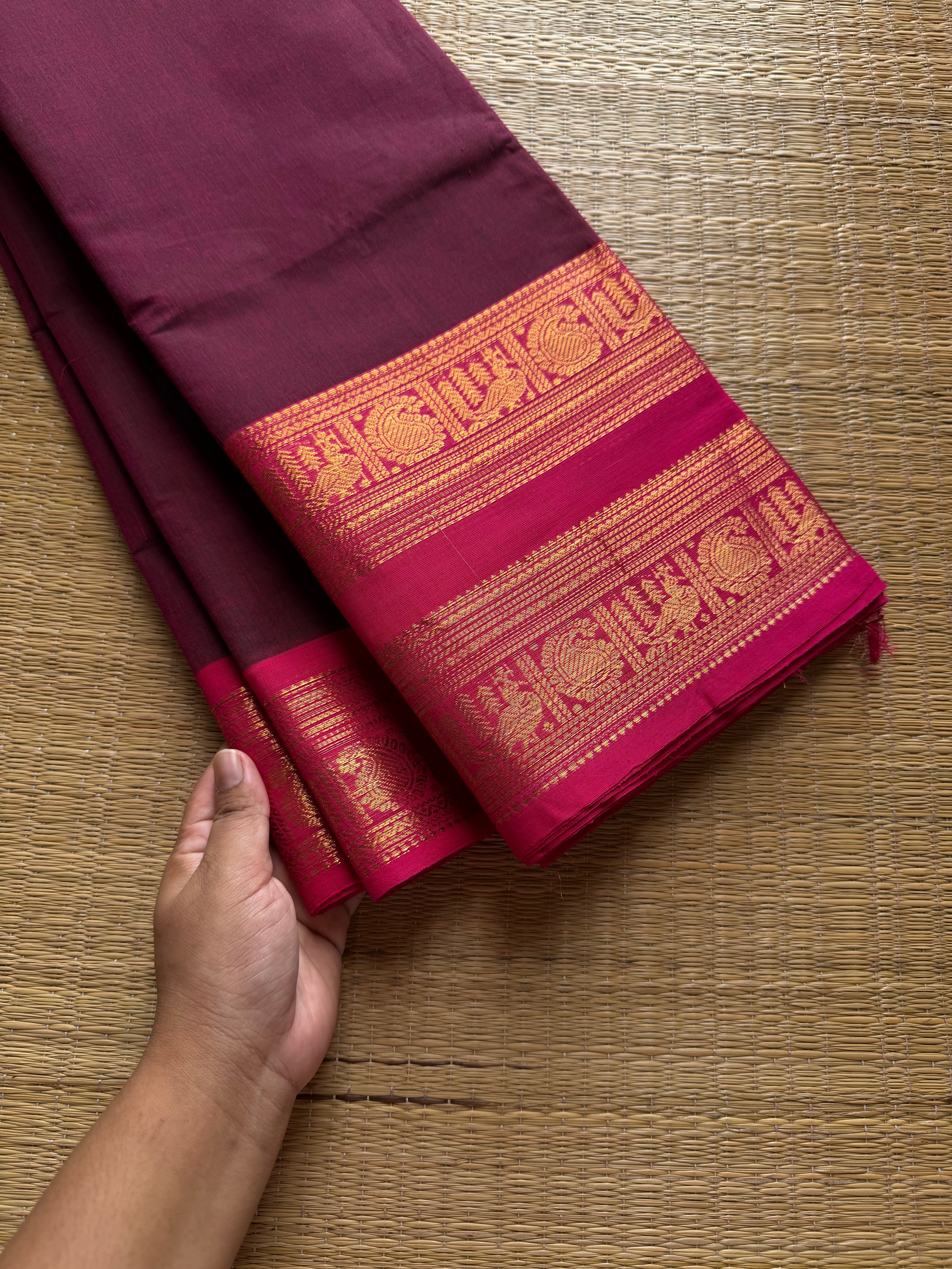 Dual tone purple shade Kanchi cotton saree with contrast Rettapet border