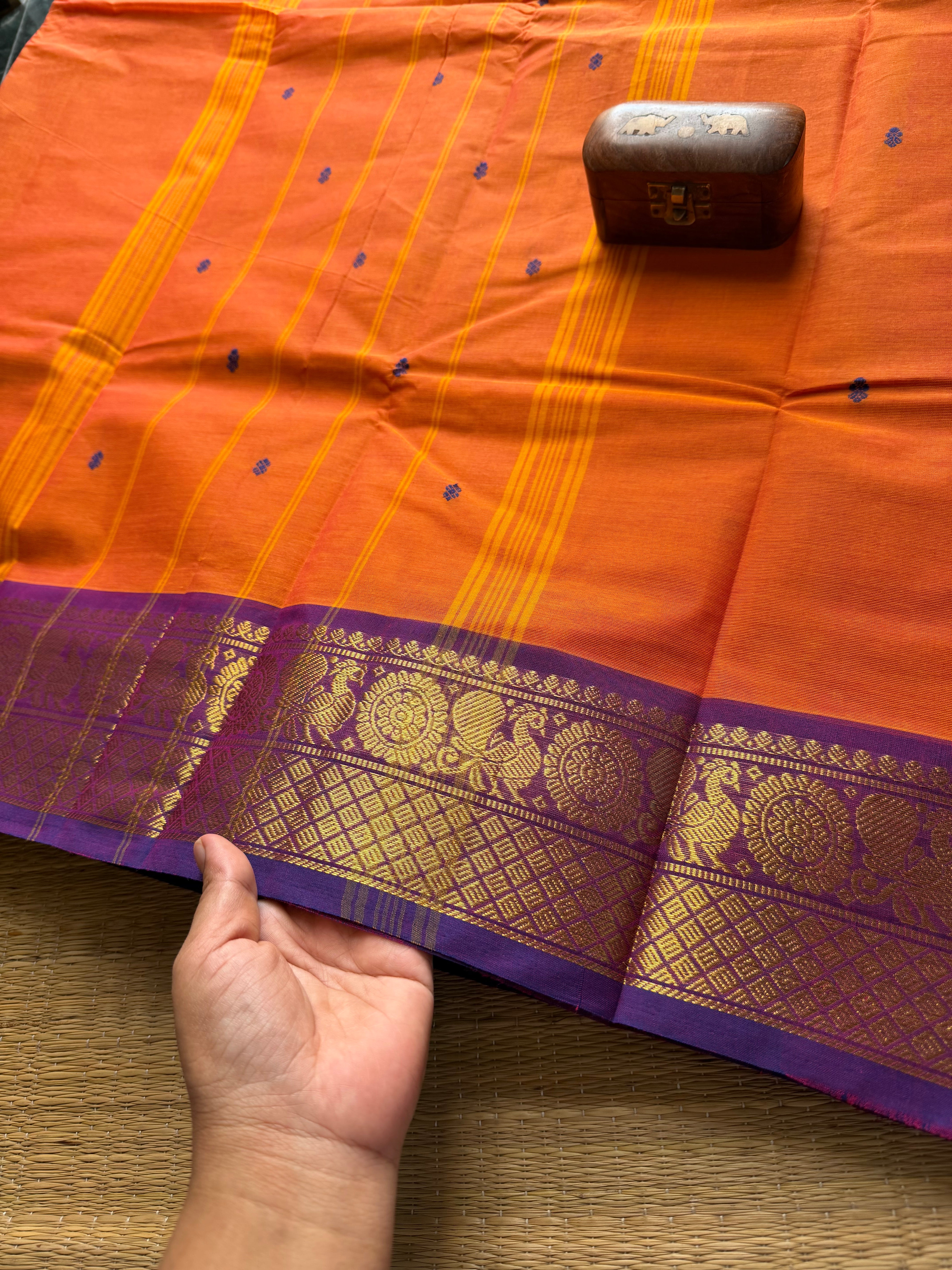 RF53 Dual tone Orange Kanchi Cotton Saree with contrast purple shade Annam border With Handmade Thread Buttas