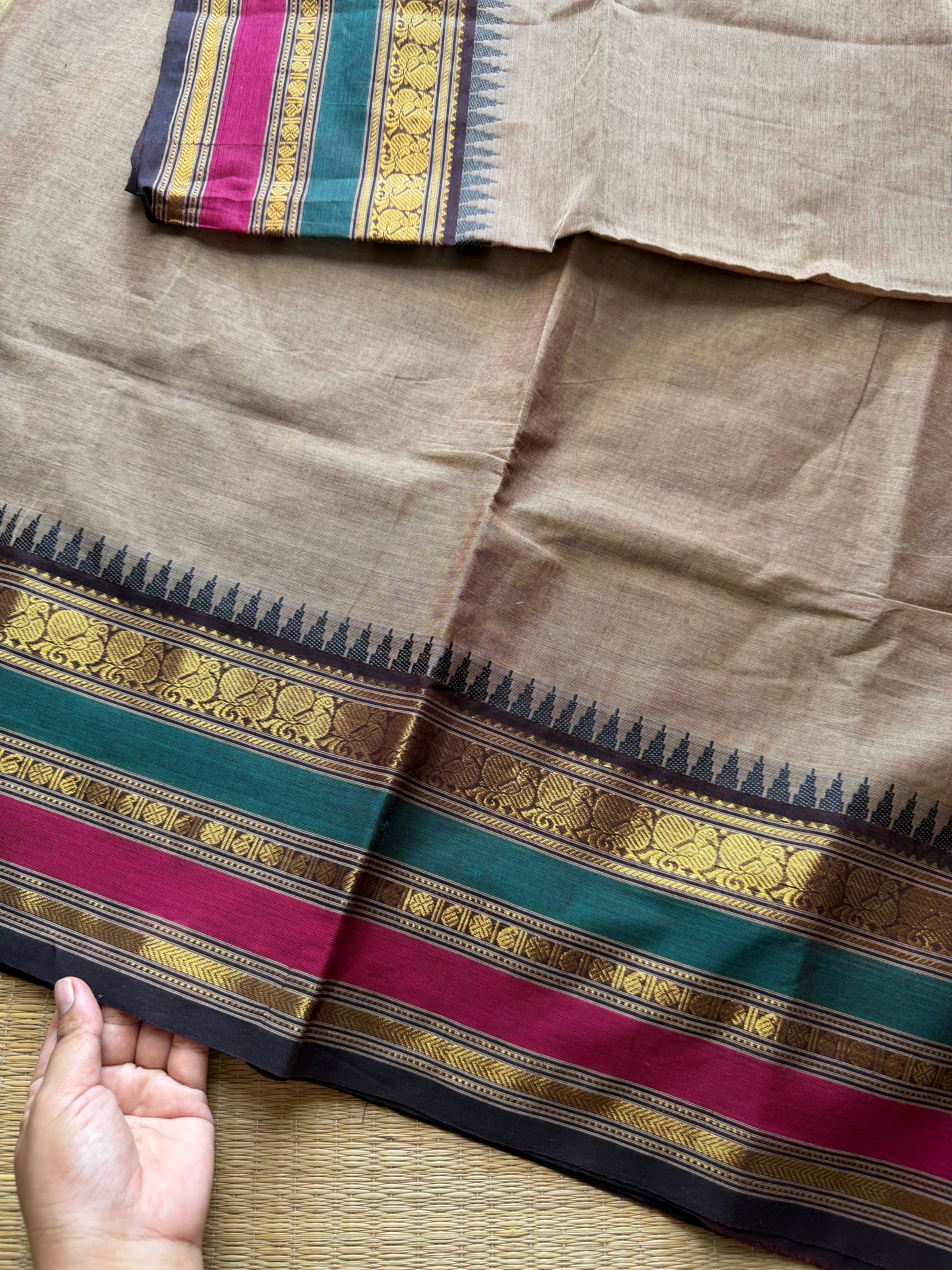 RF336 Grey shade Kanchi cotton saree with multi color varisaipet border