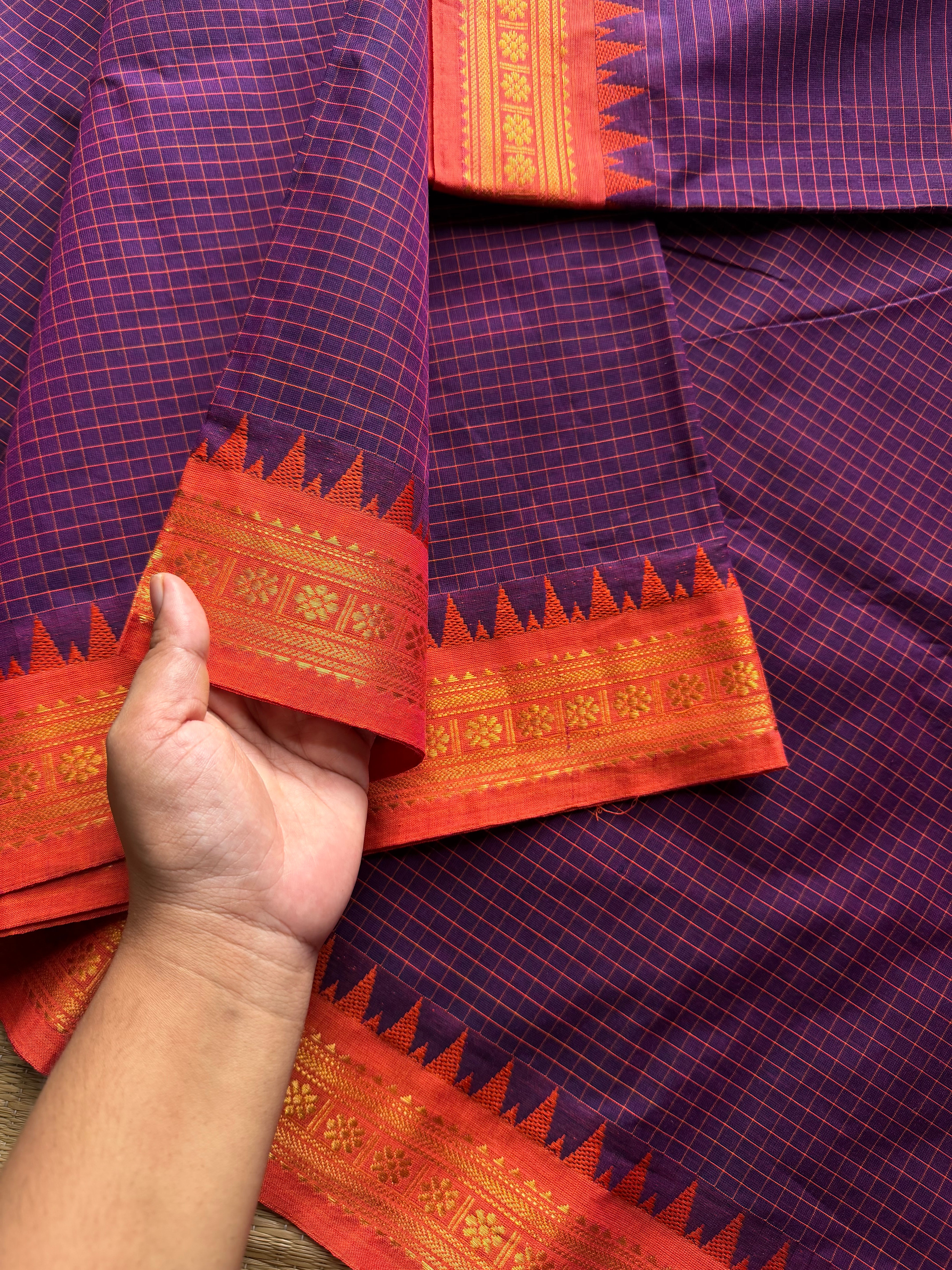 RF659 Podikattam / small checks Kanchi cotton saree ~ Purple
