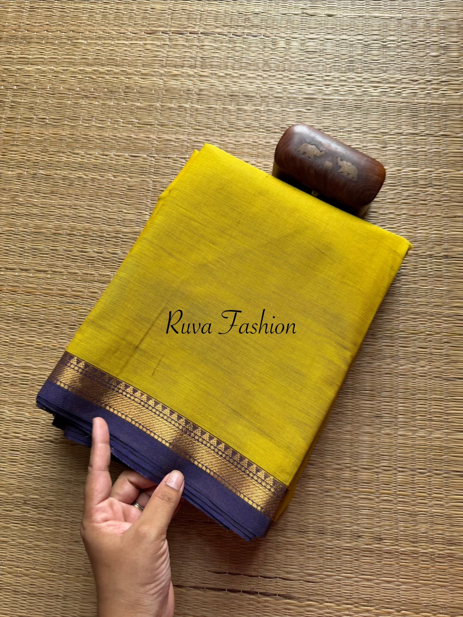 RF82 Lemon yellow with contrast small Zari border Kanchi cotton saree