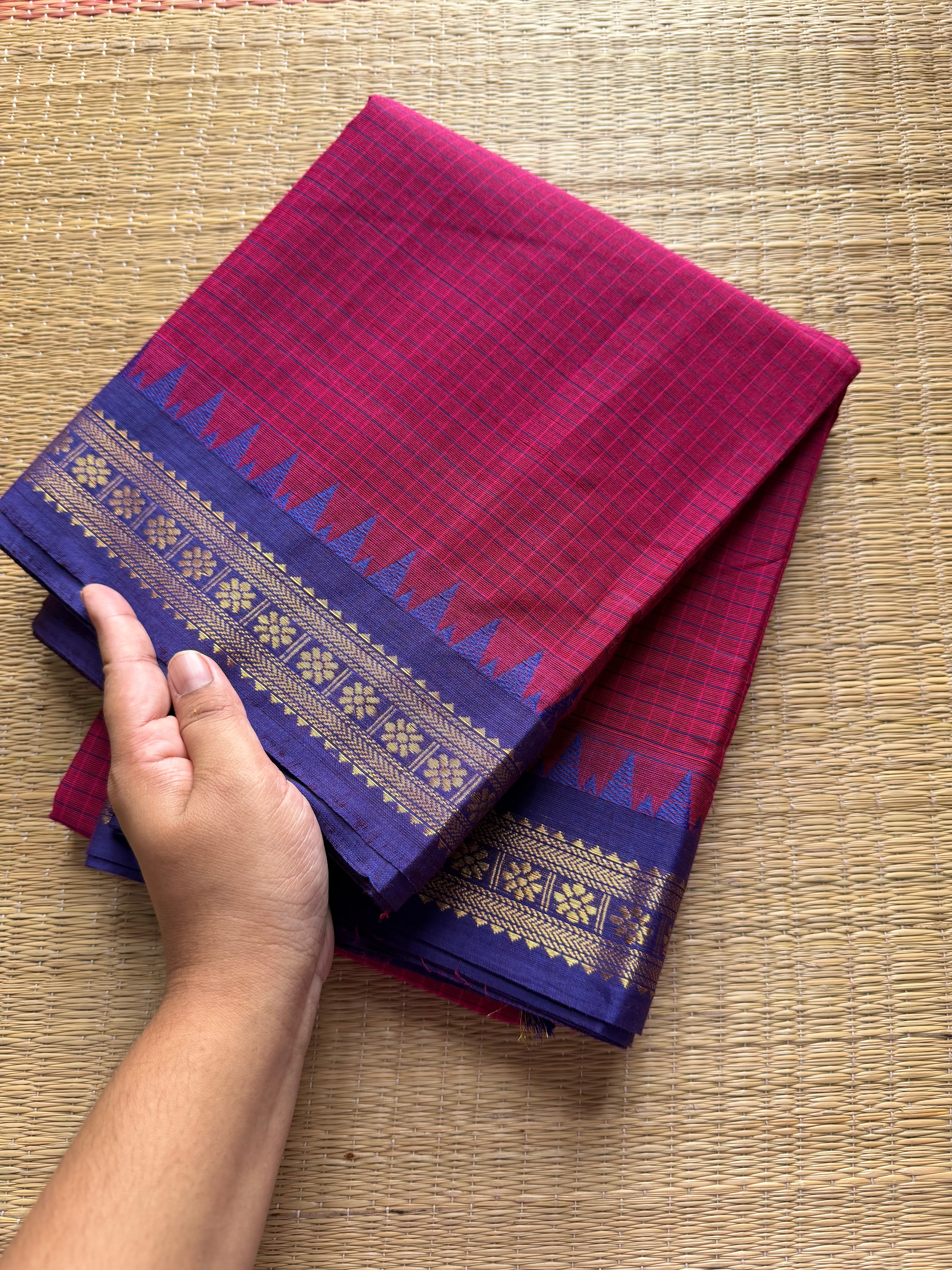 RF263 Magenta pink with Royal blue  combination Podi Kattam Kanchi cotton saree with small border