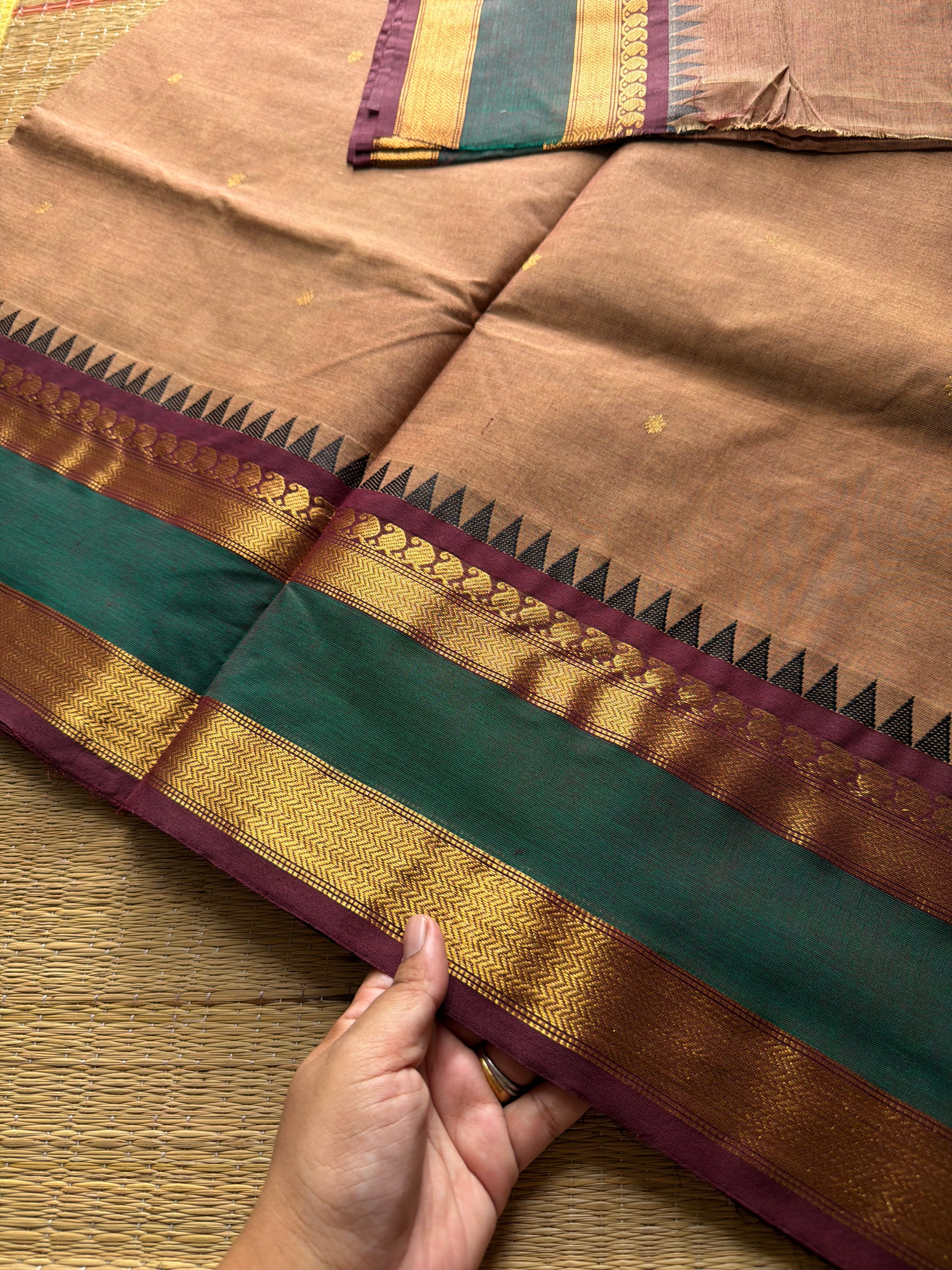 RF901 Kanchi cotton saree with handmade thread buttas ~ Biscuit shade
