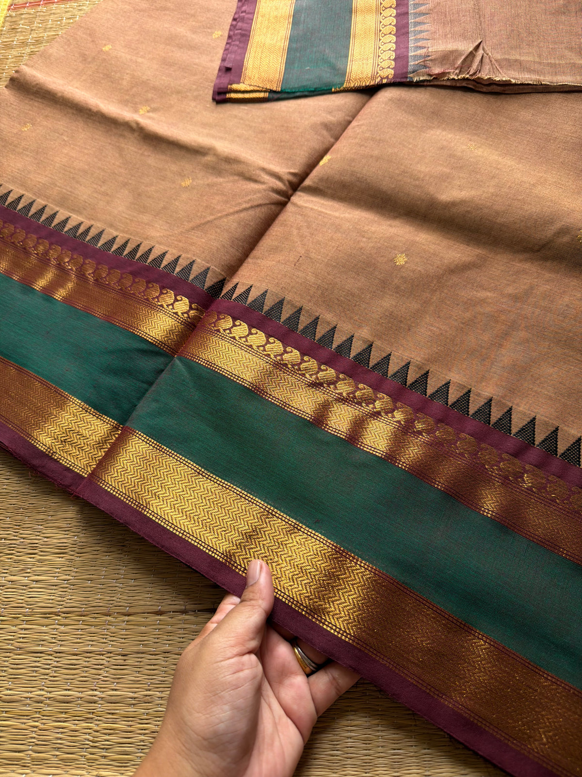 RF901 Kanchi cotton saree with handmade thread buttas ~ Biscuit shade