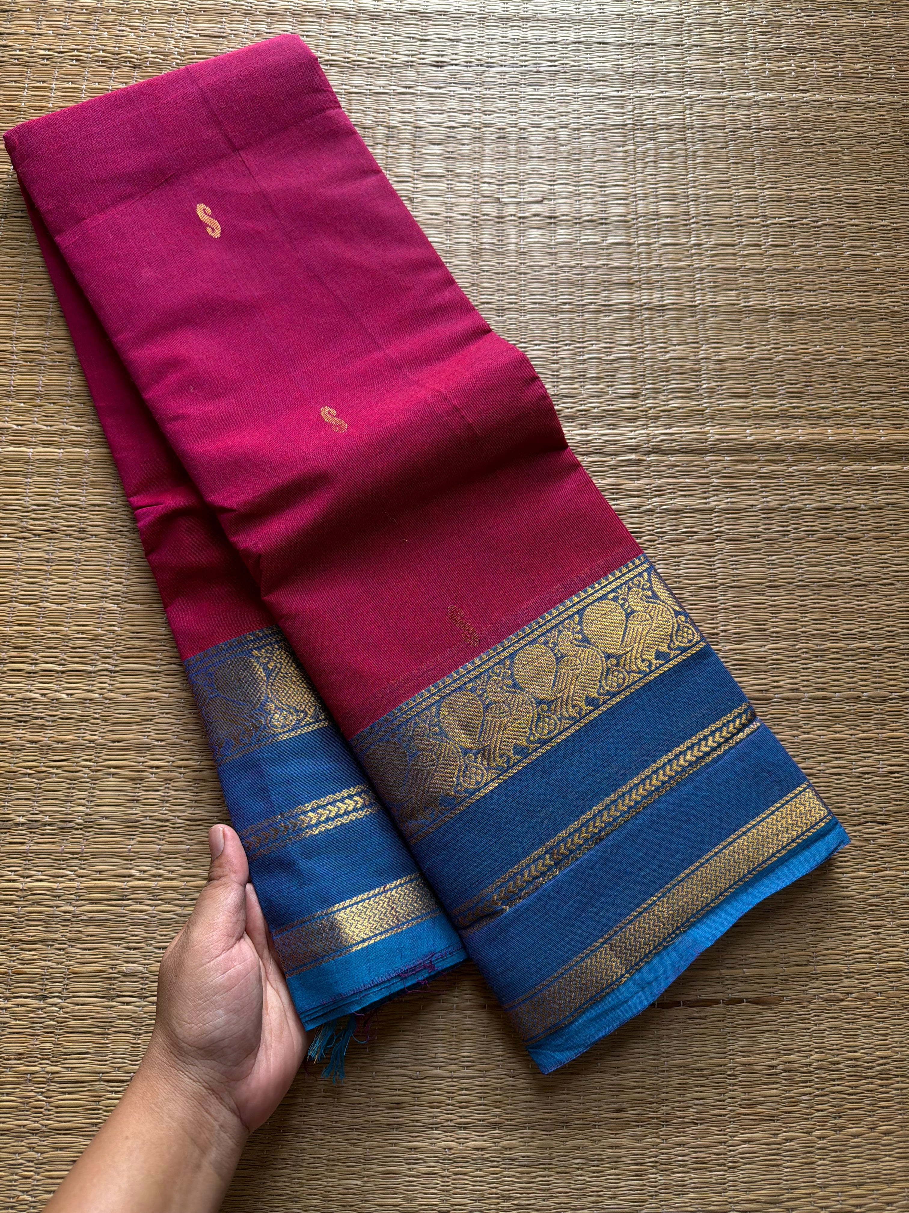 RF417 Magenta pink with sky blue combination Kanchi cotton saree with handmade Buttas