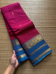 RF417 Magenta pink with sky blue combination Kanchi cotton saree with handmade Buttas