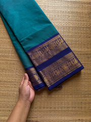 Peacock blue shade Kanchi cotton saree with Rettapet border