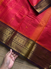 RF1423 Chilli red with brown ~ Vintage Podikattam / small checks Kanchi cotton saree with handmade thread buttas