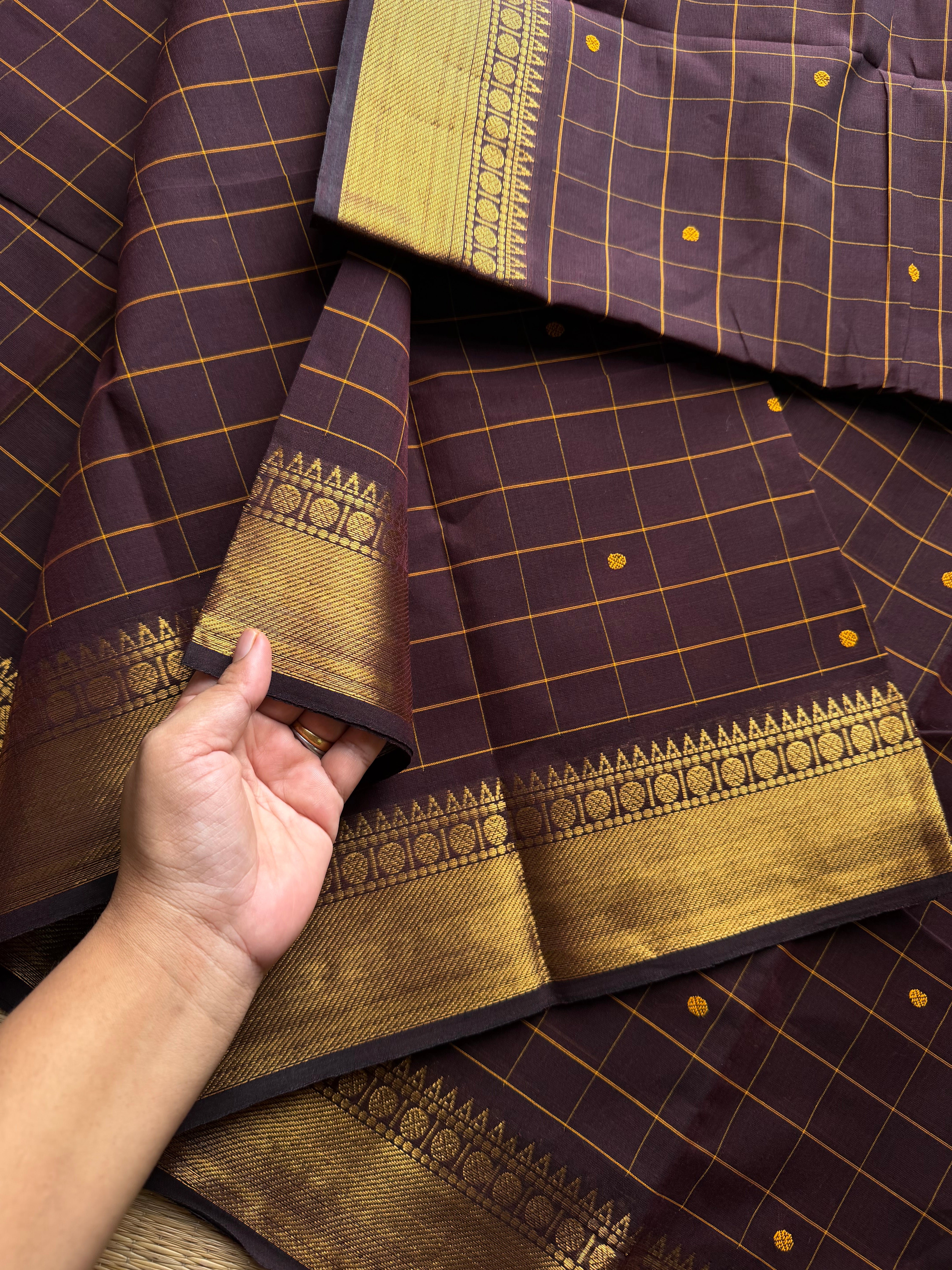 RF1036 Monotone Deep Coffee Brown ~ Kanchi Cotton Kattam / Checks pattern saree with handmade thread buttas