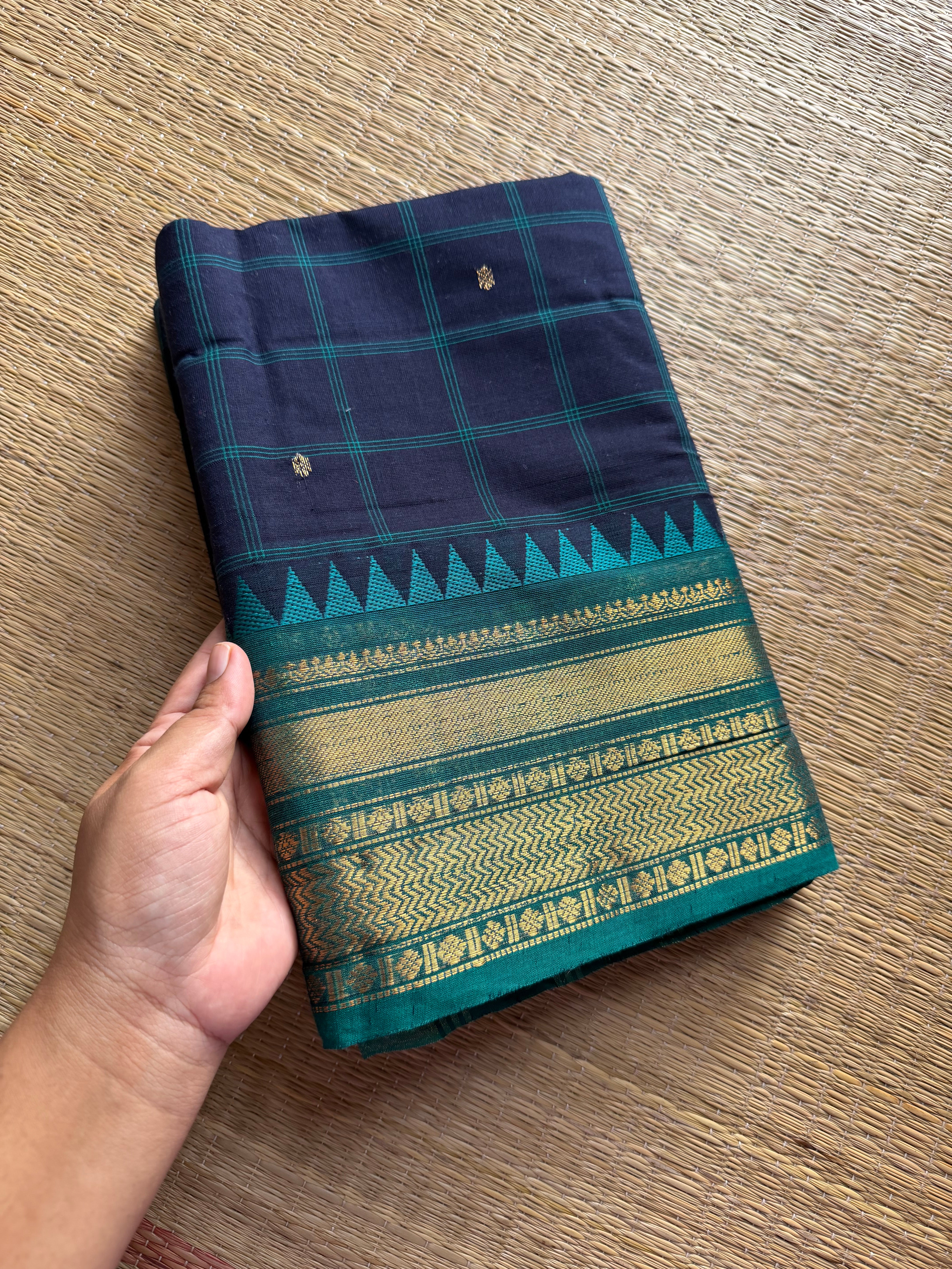 RF215 Deep navy Blue with contrast teal blue combination checks / Kattam Kanchi cotton saree with handmade golden Zari Buttas