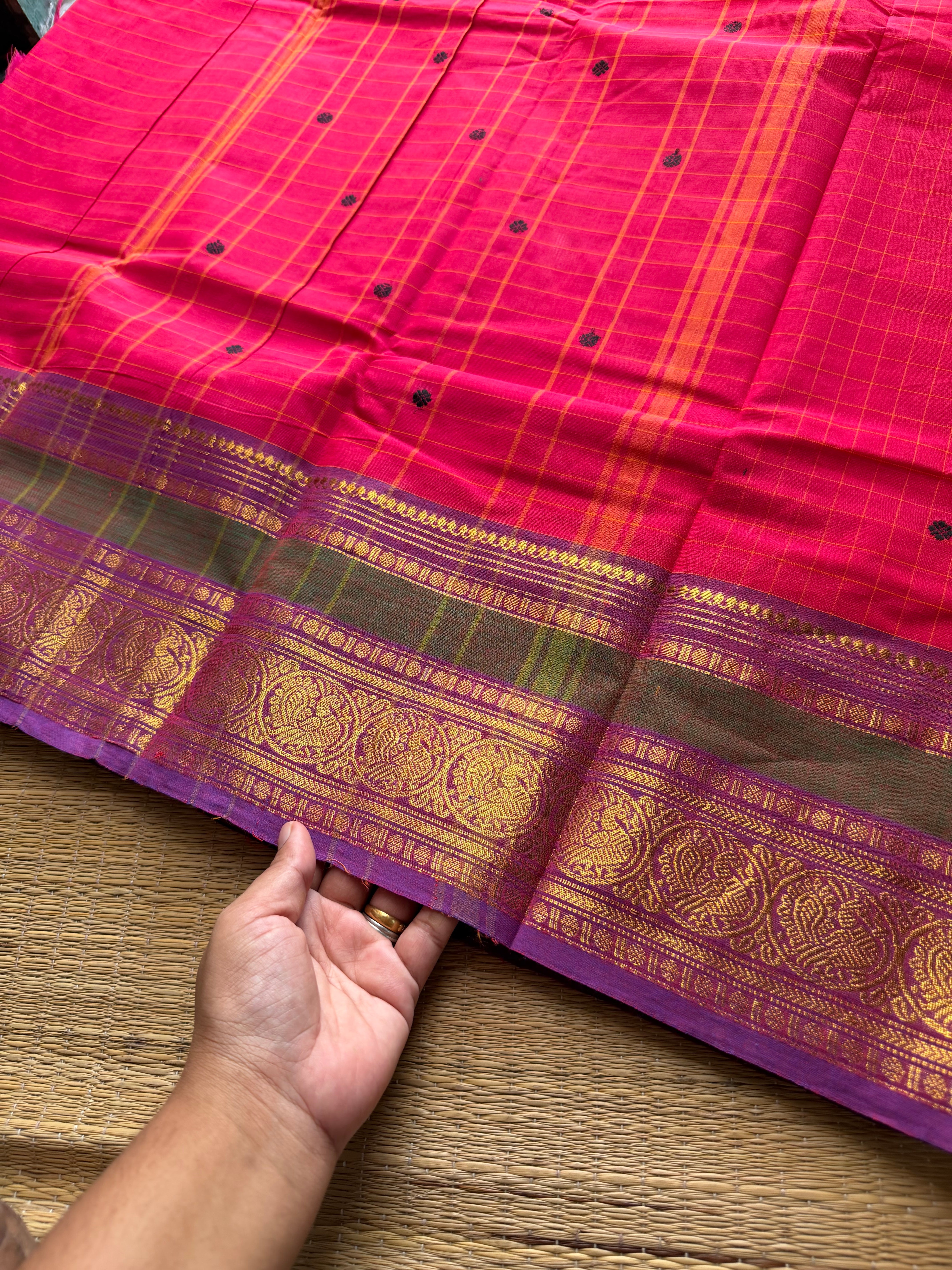 RF719 Kattam edition ~ Rani pink shade Kanchi cotton saree with checks pattern and handmade thread buttas