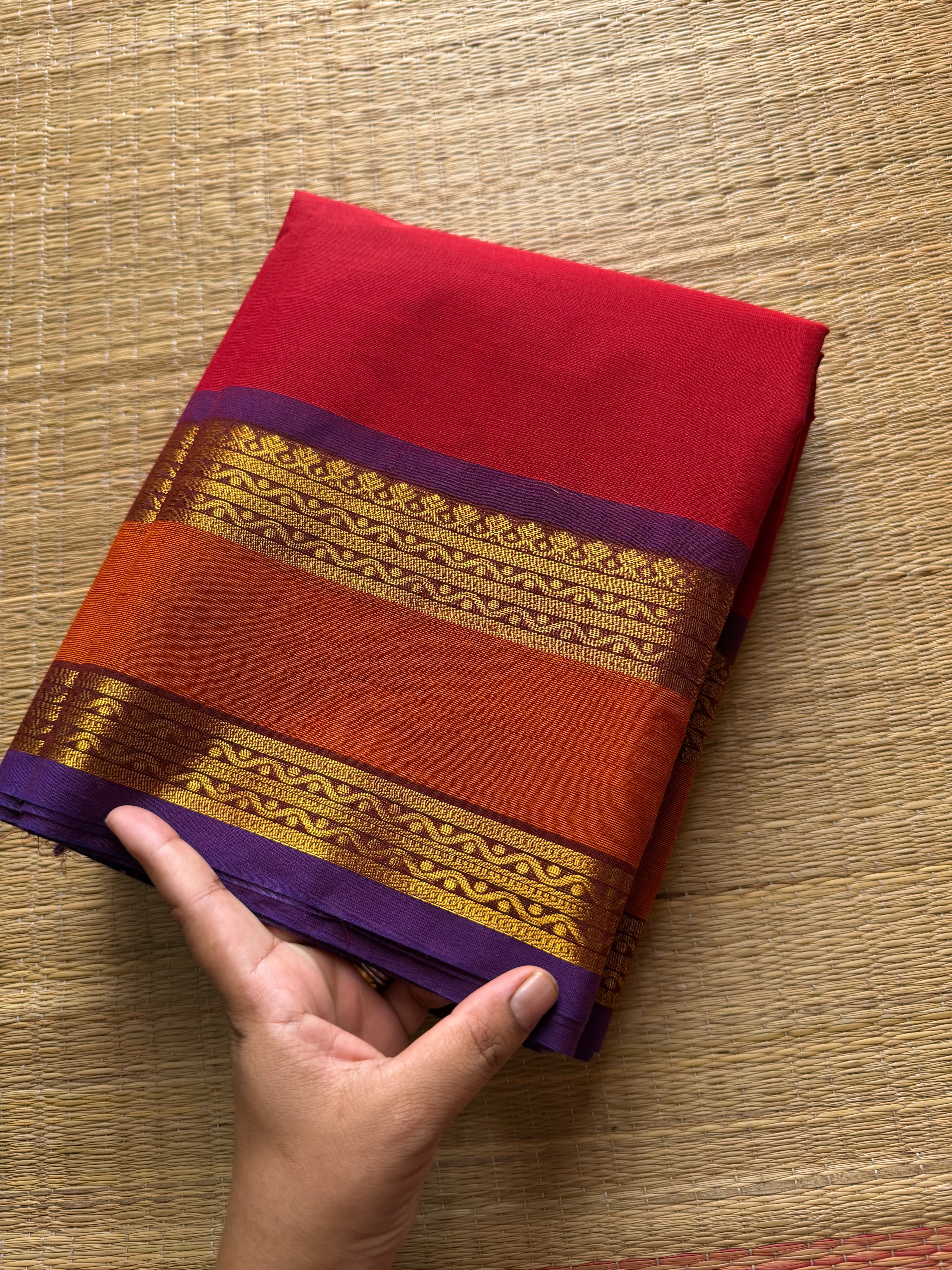 RF620 Reddish maroon  with purple and orange dual combination gap border Kanchi cotton saree