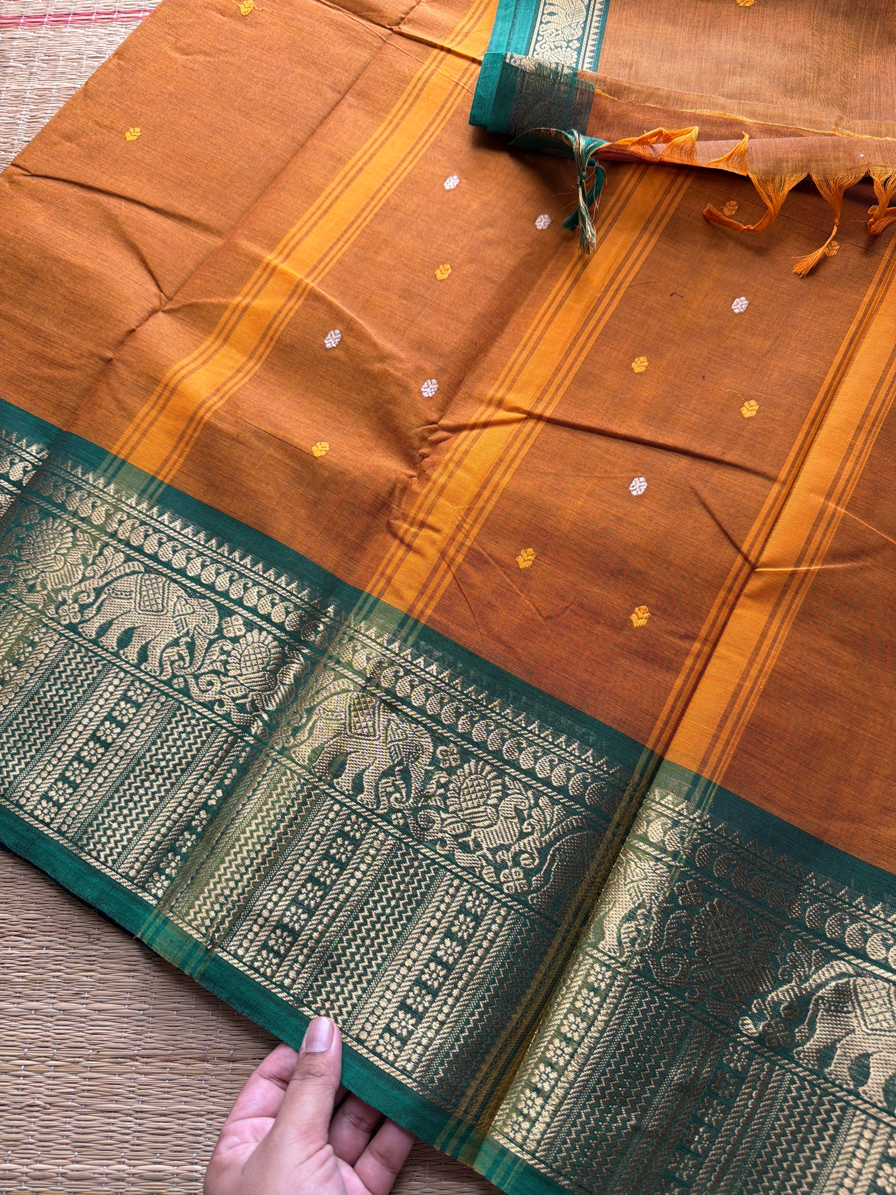 Dual tone orange with green combination Kanchi cotton saree
