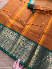 Dual tone orange with green combination Kanchi cotton saree