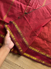 RF1217 Reddish maroon checks pattern Maheshwari semi silk cotton saree