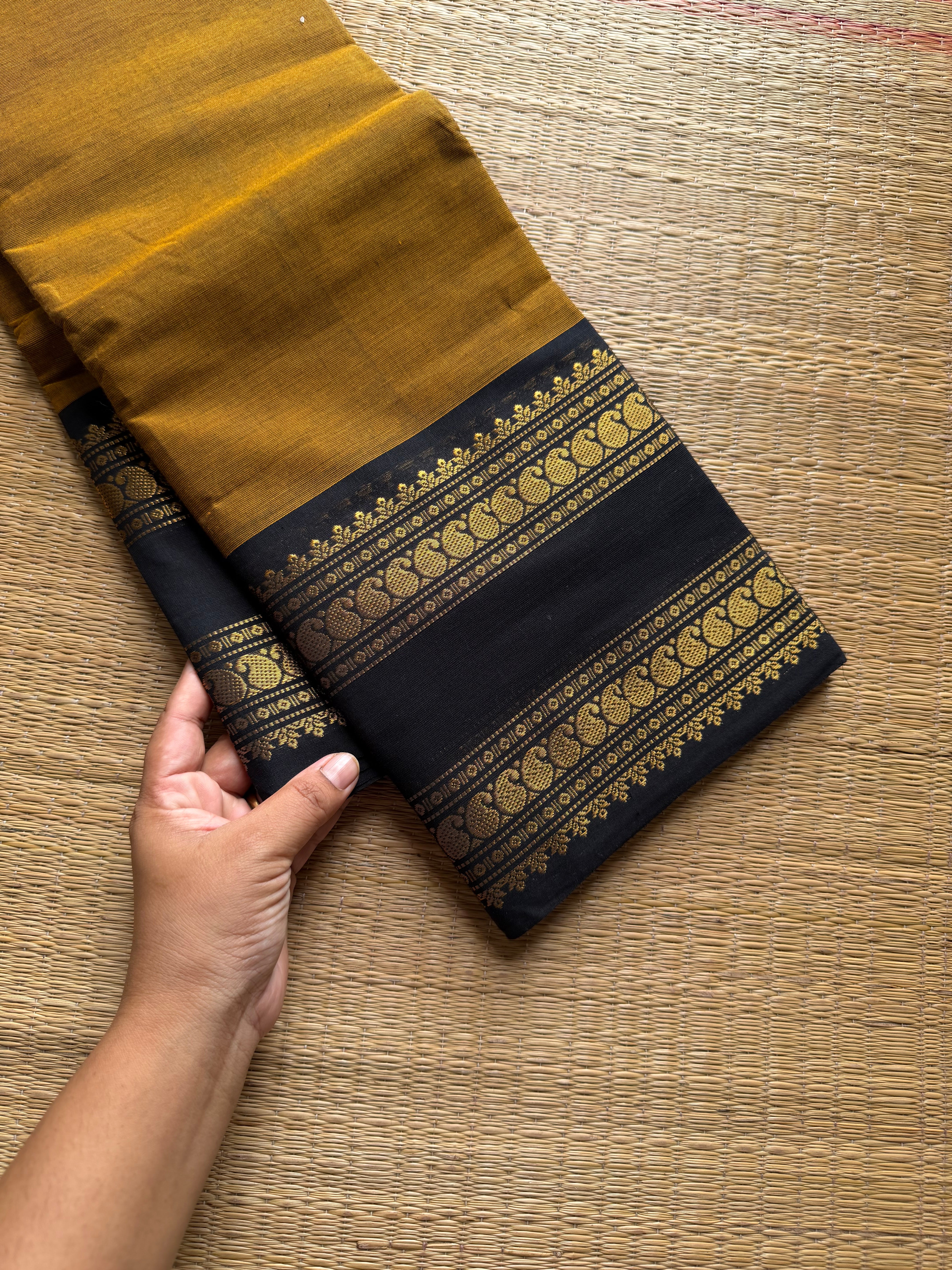 RF1225 Mustard with black Kanchi cotton saree with gap border