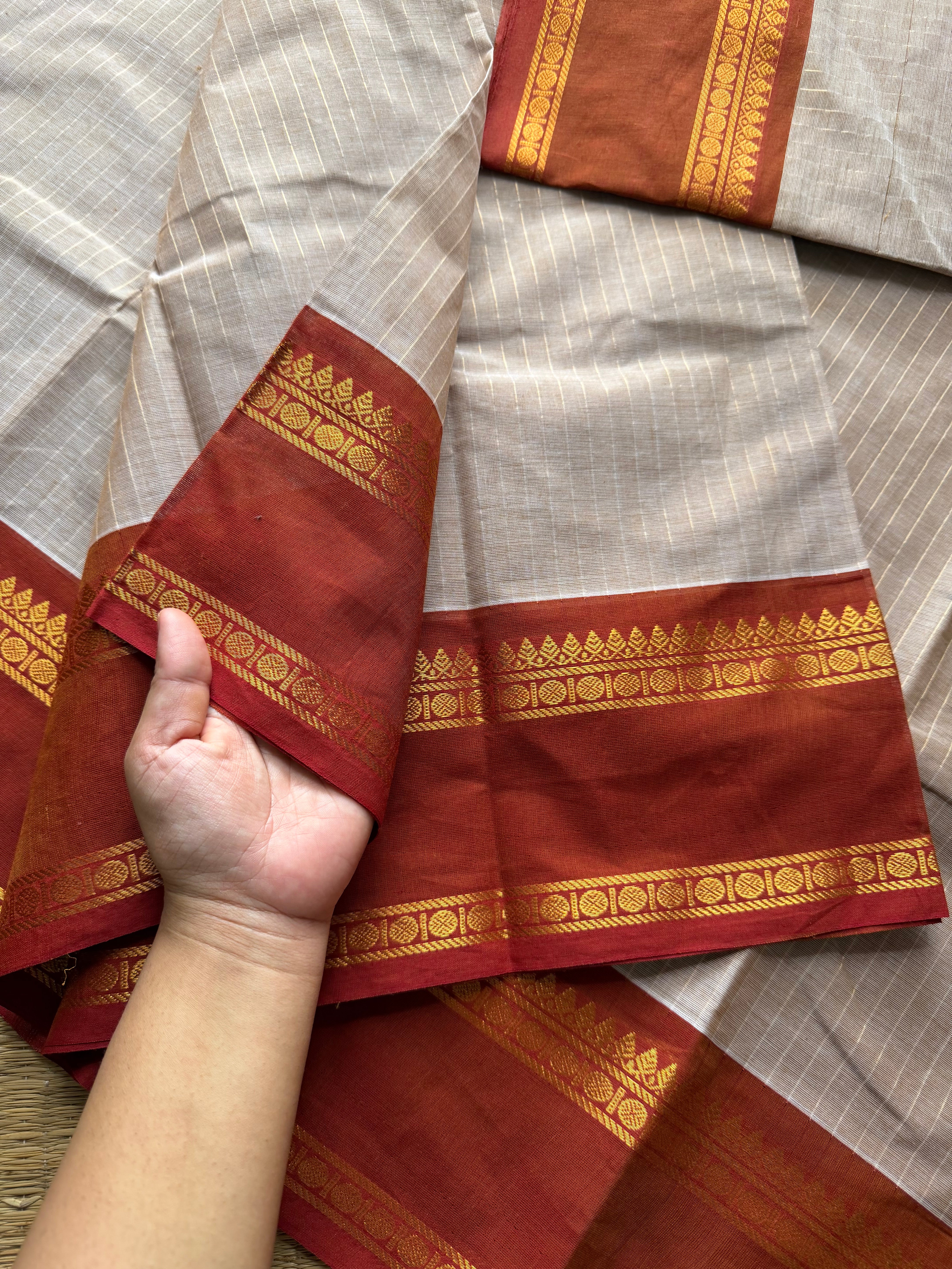 RF509 Beige with rust orange combination Kanchi cotton saree with vintage gap border and fully Vairaoosi pattern