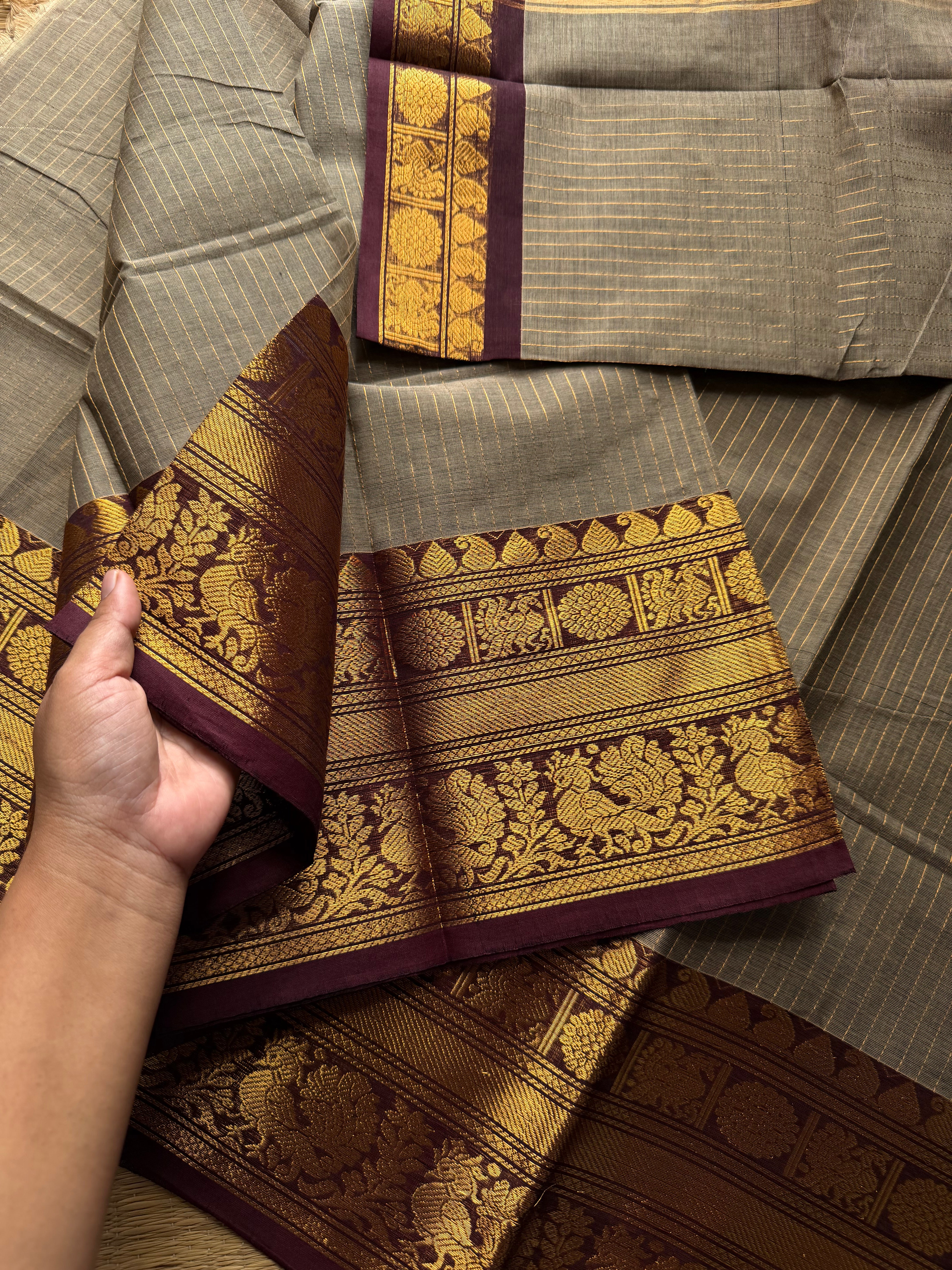 RF927 Grey with brown ~ Premium Kanchi Cotton Saree With golden Zari varia Oosi pattern