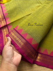 RF113 Green With Contrast Pink Small Zari Border Kanchi Cotton Saree