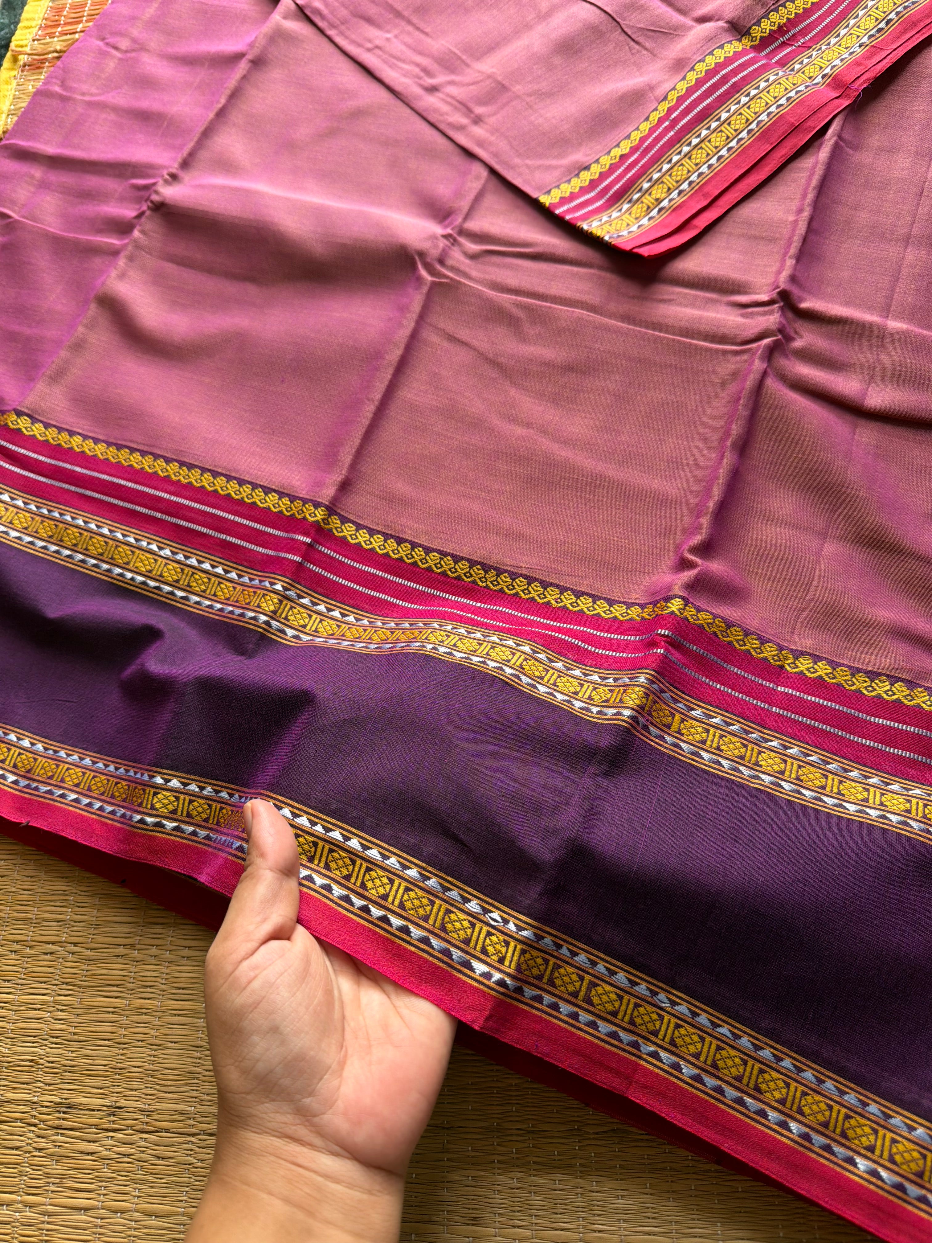RF485 Dual tone pink with contrast purple vintage style gap border mercerised Narayanpet  cotton saree