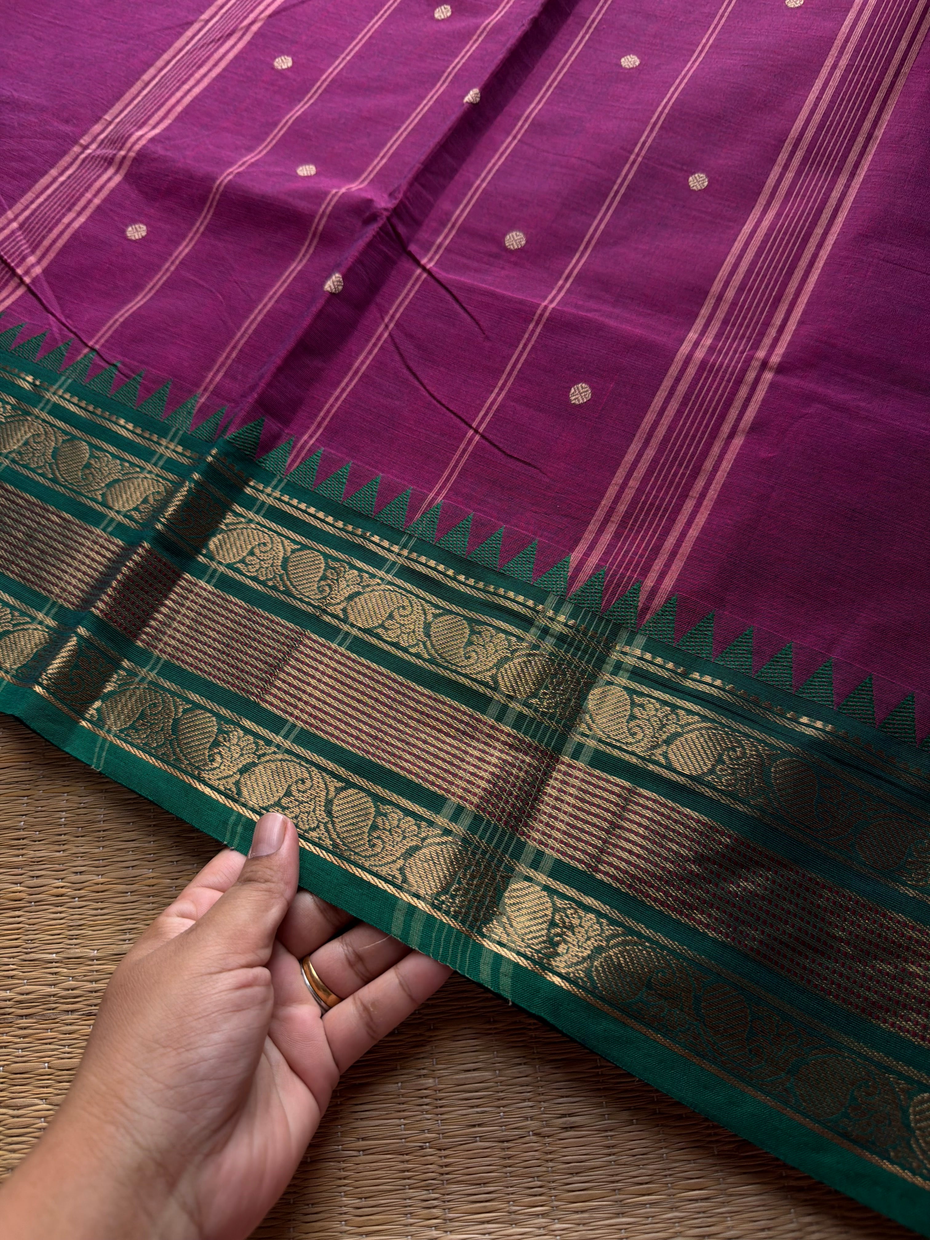RF801 Magenta pink with green combination Kanchi cotton saree with handmade thread buttas
