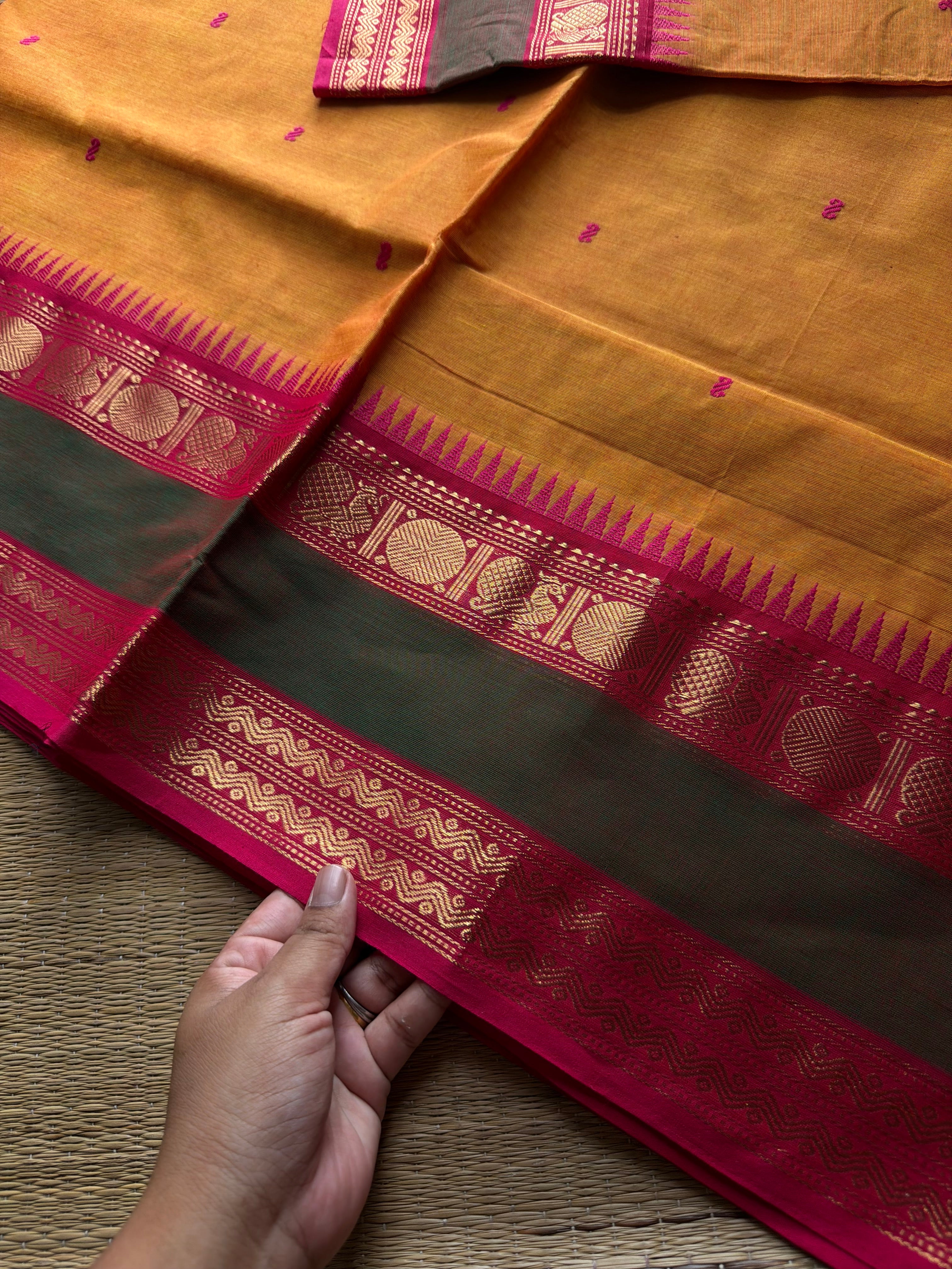 RF899 Kanchi cotton saree with handmade thread buttas ~ mango shade