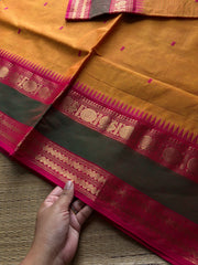 RF899 Kanchi cotton saree with handmade thread buttas ~ mango shade