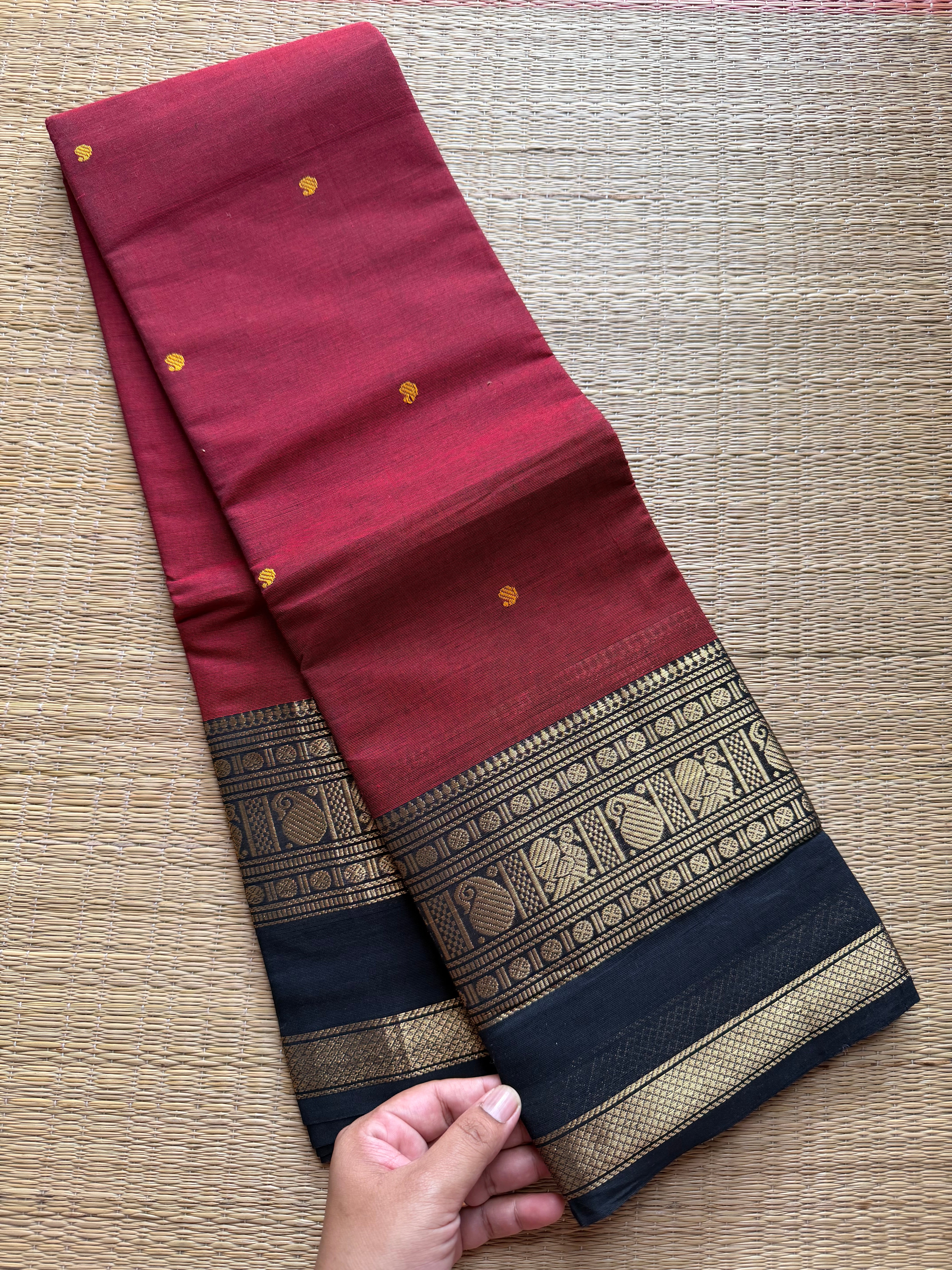 RF193 Reddish Maroon Kanchi Cotton Saree With contrast black border