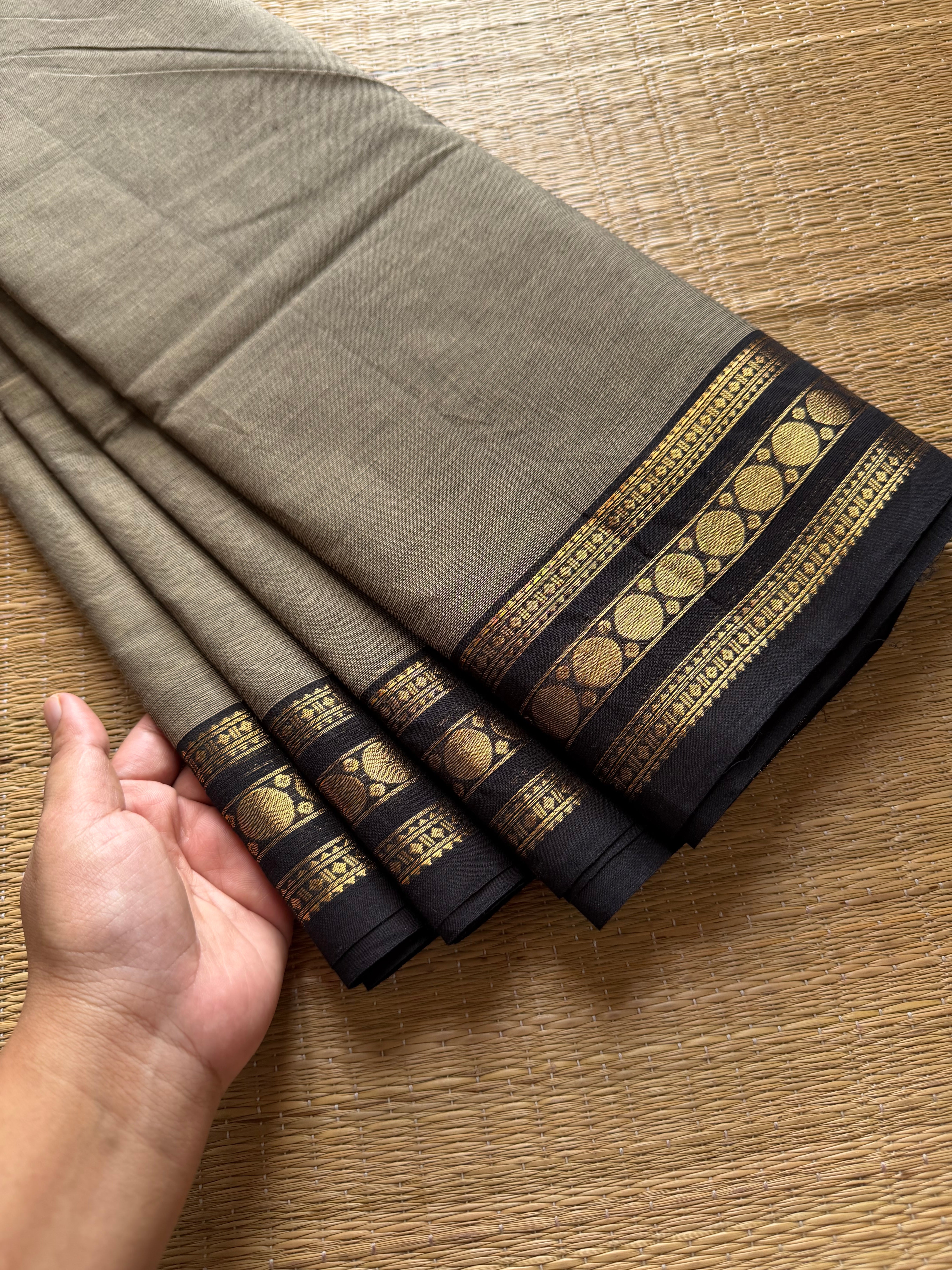 RF445 Grey with black combination small border Kanchi cotton saree