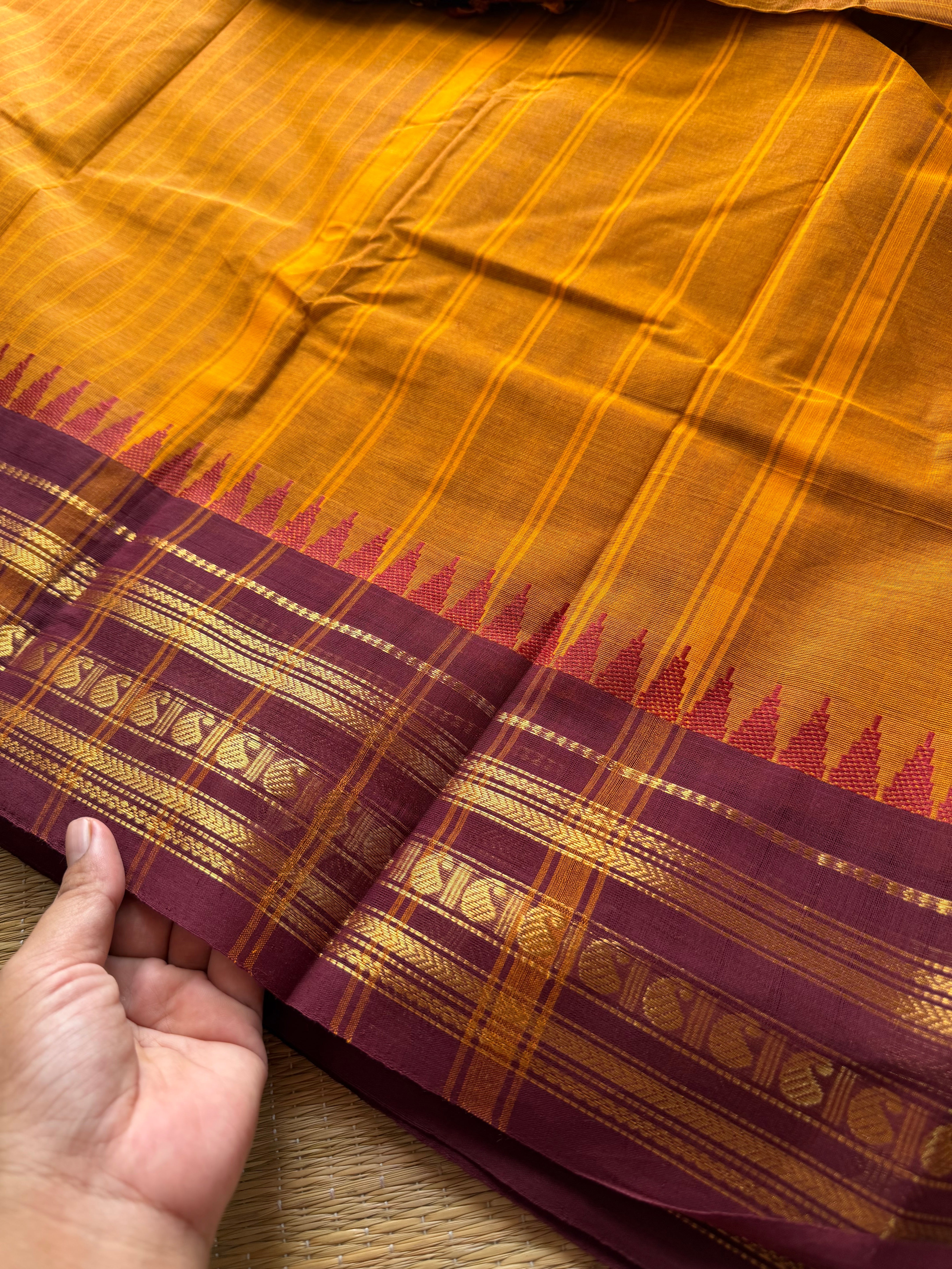 RF298 Dual tone orange with maroon combination Kanchi cotton saree with vertical striped pattern & mango Zari border