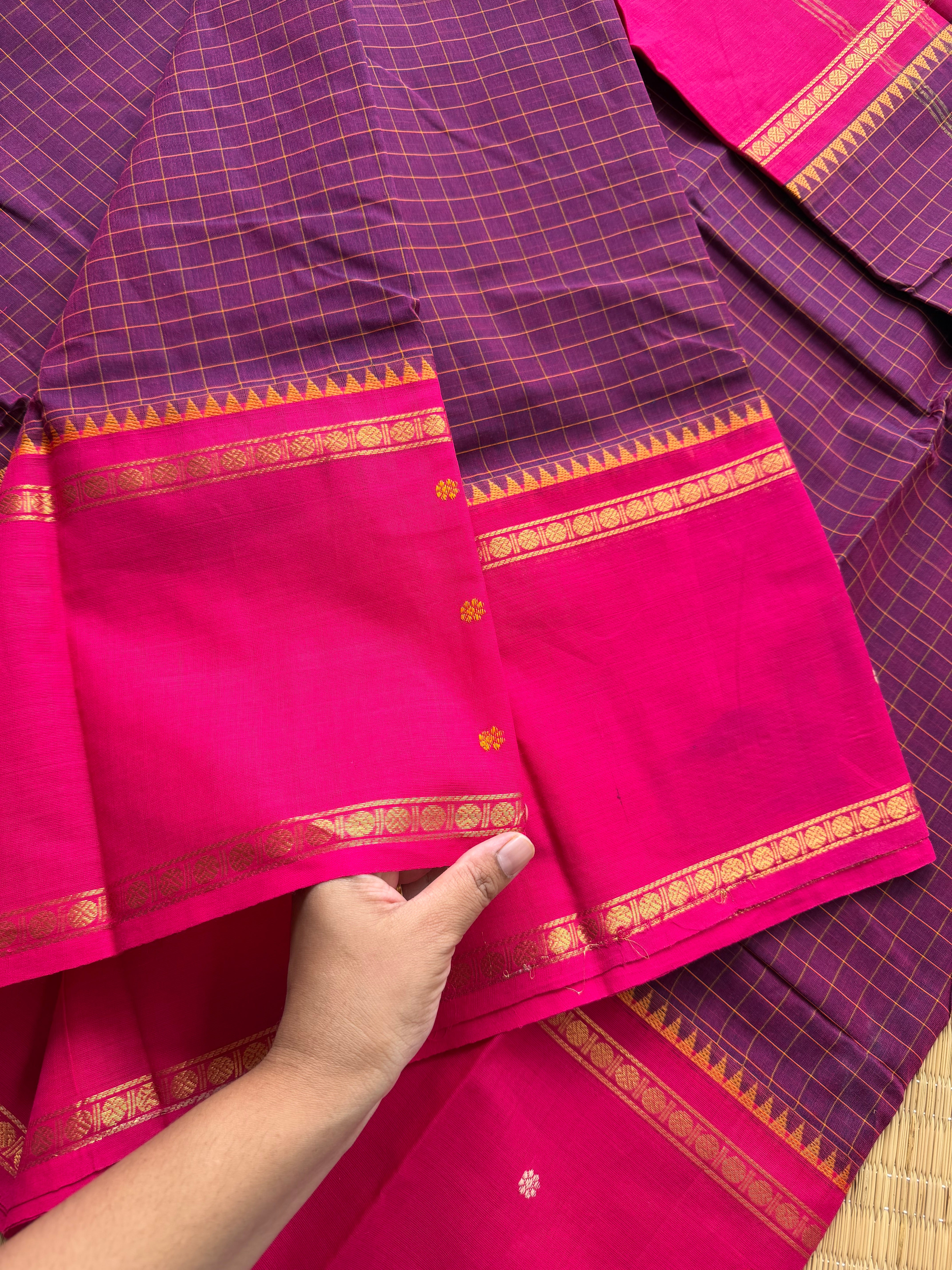 RF158 Jamun shade with pink combination Vintage Style Border with checks pattern & handwoven Buttas on the border