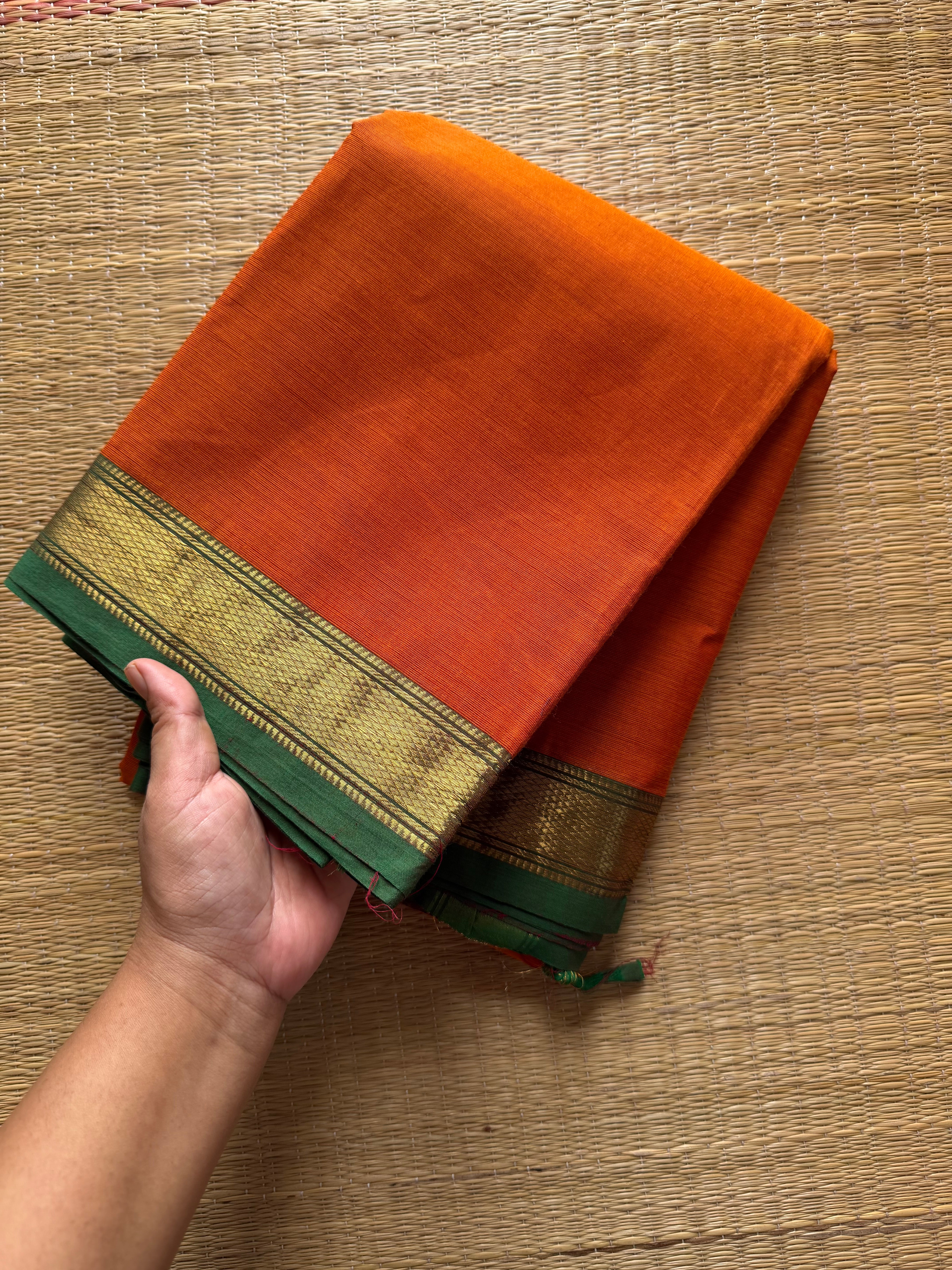 RF434 Orange with green combination small border Kanchi cotton saree