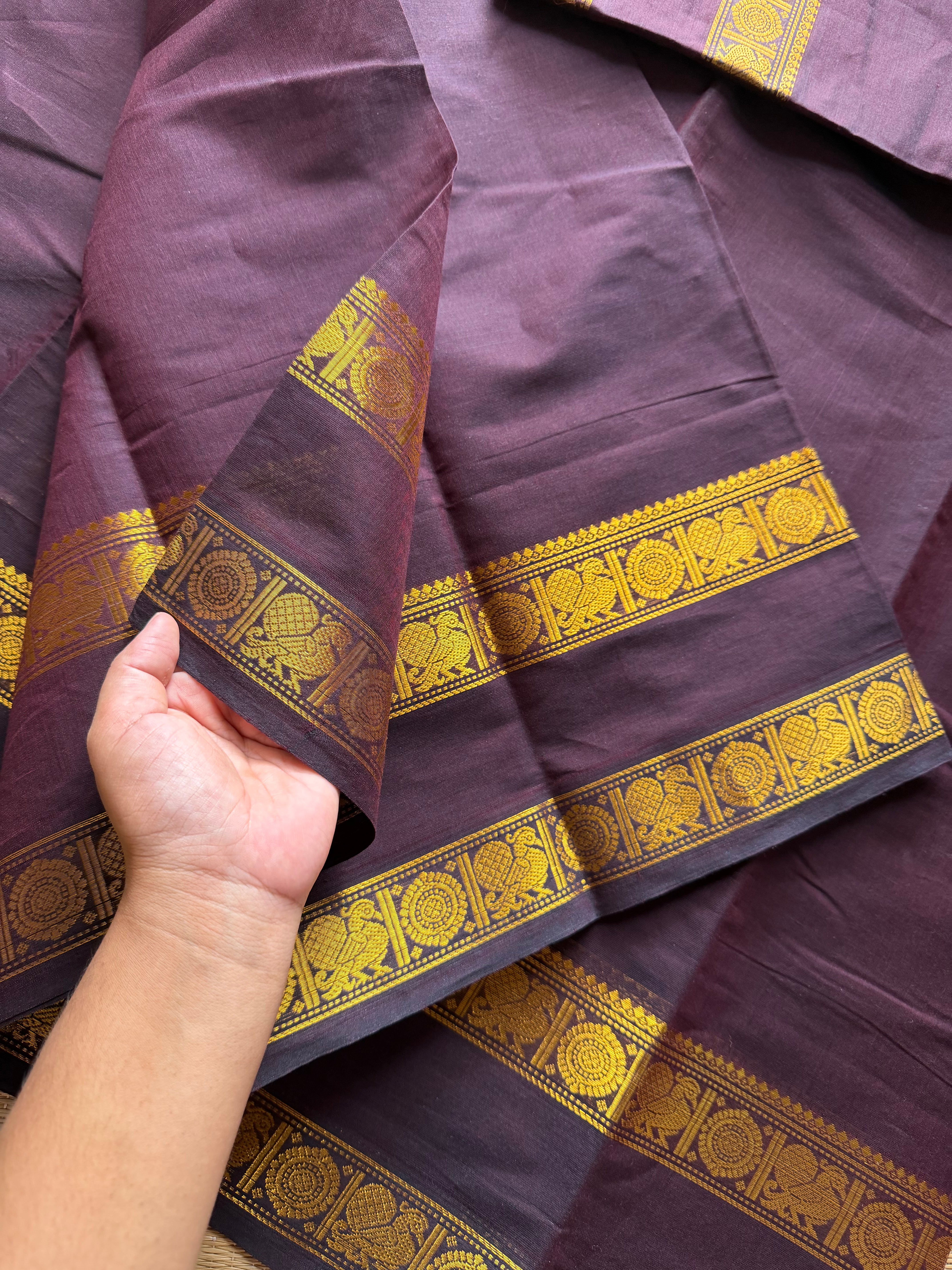 RF256 Monotone Brown Shade Kanchi Cotton Sarees small With Rich golden Zari annam pattern Rettapet border